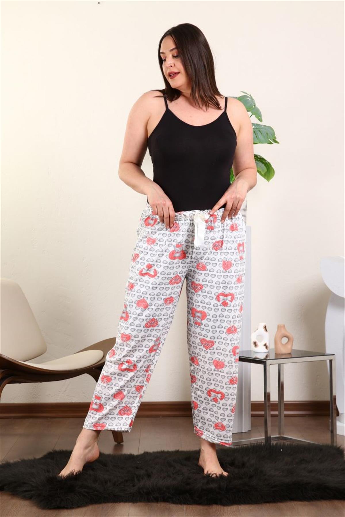 Pijama Takımı Büyük Beden Kalp Baskılı Pijama Altı Ekru