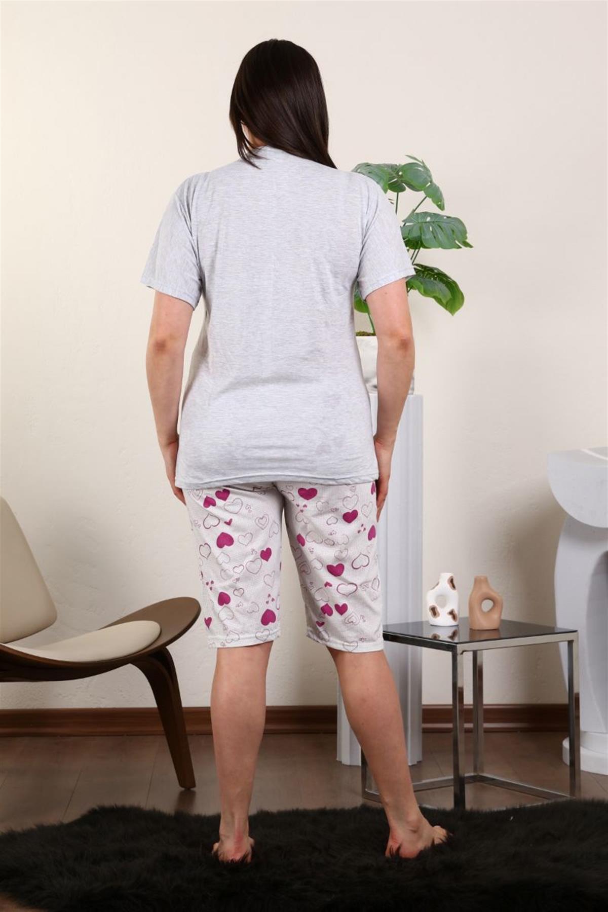 Pijama Takımı Büyük Beden Kalp Baskılı Pijama Takımı Gri