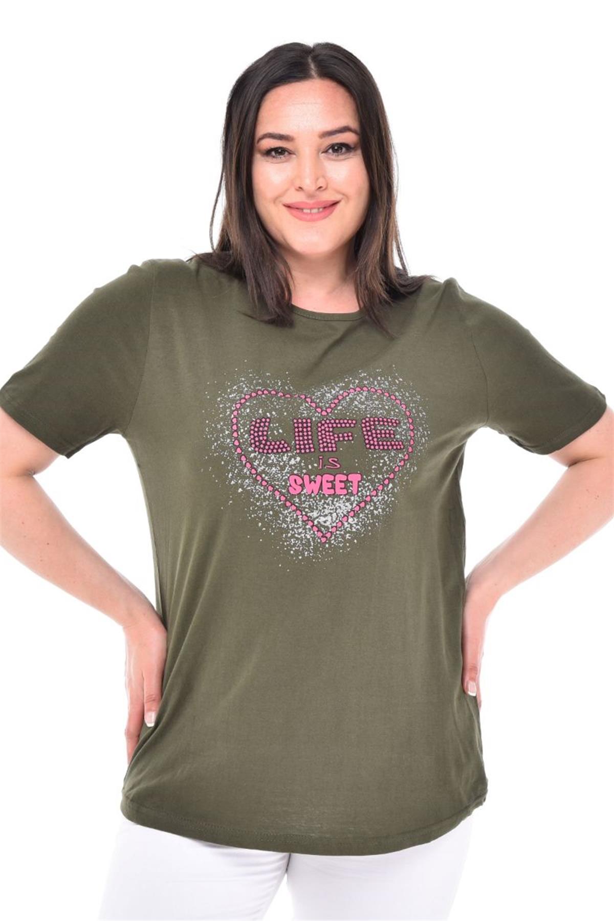 Tshirt Büyük Beden Kalp Baskılı T-Shirt Haki