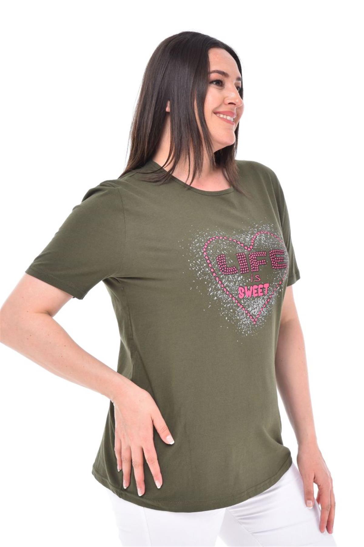 Tshirt Büyük Beden Kalp Baskılı T-Shirt Haki