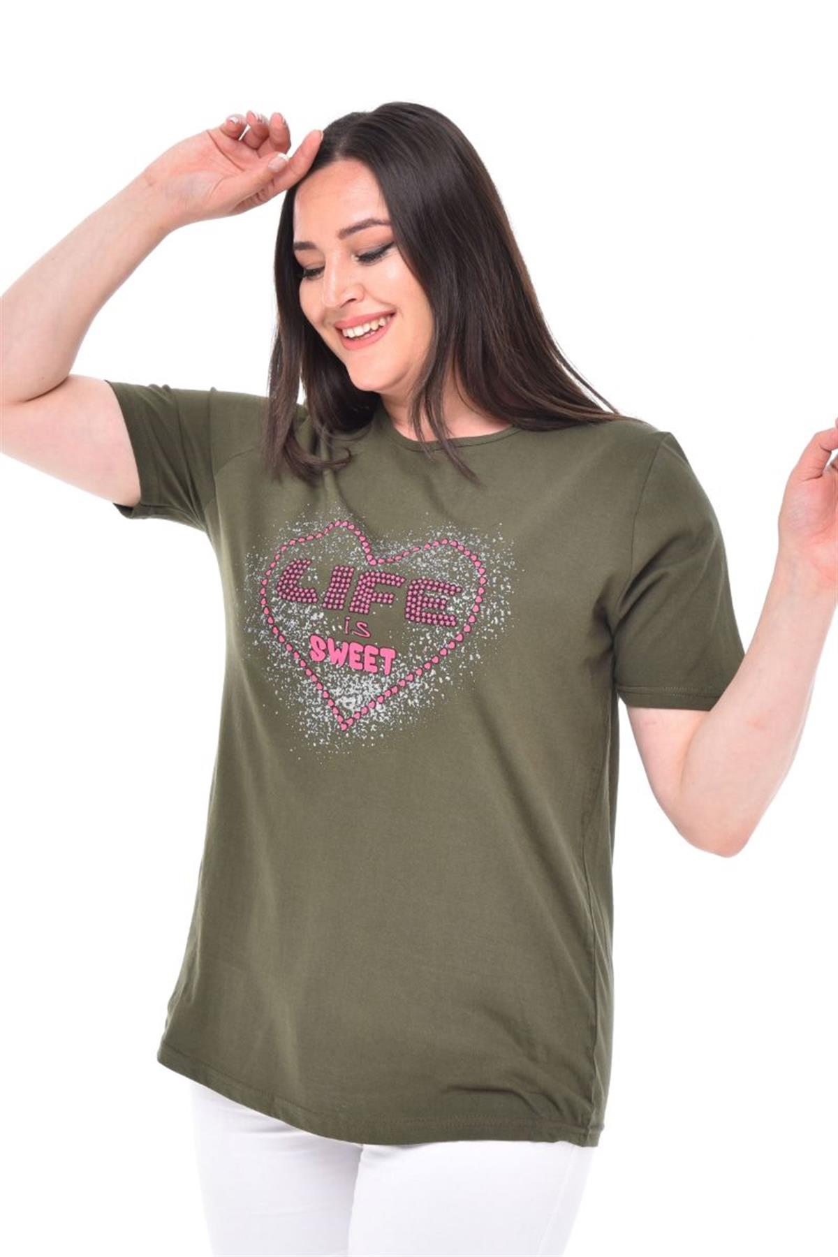 Tshirt Büyük Beden Kalp Baskılı T-Shirt Haki