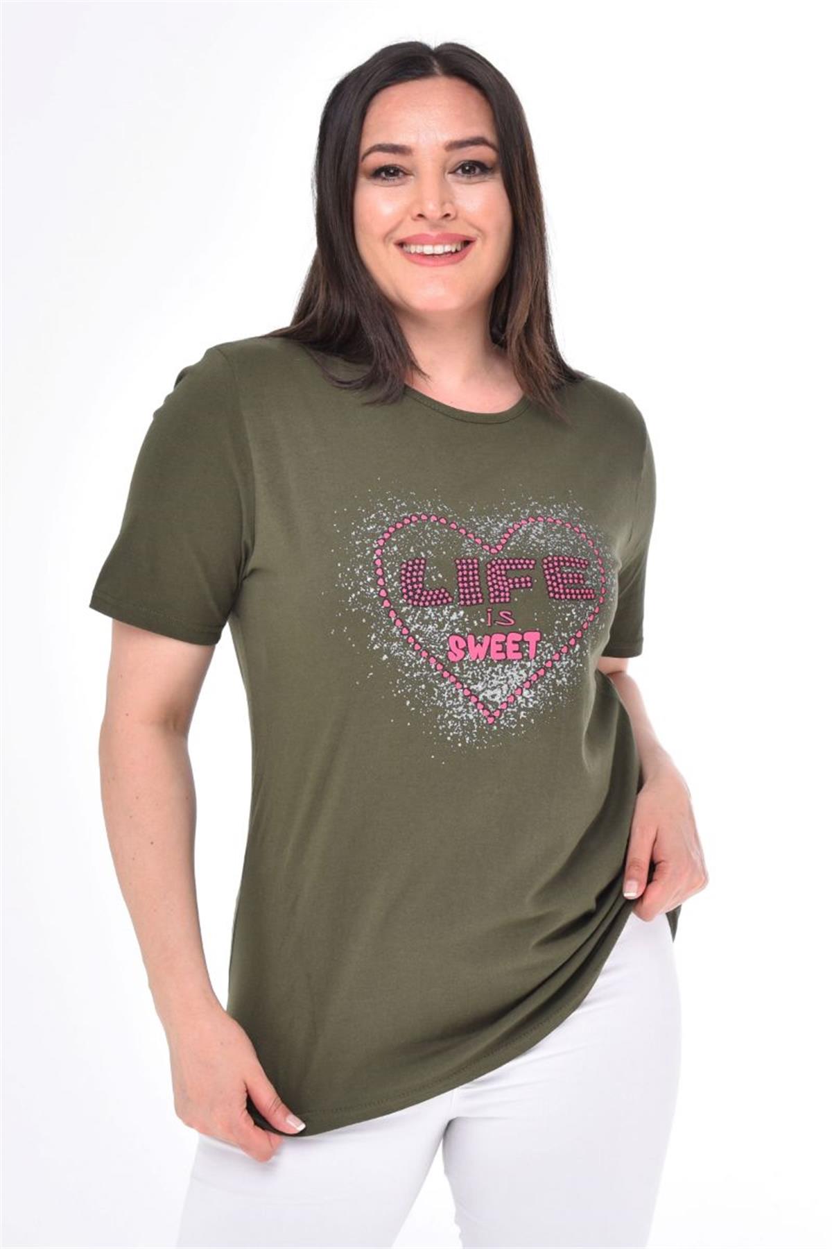 Tshirt Büyük Beden Kalp Baskılı T-Shirt Haki