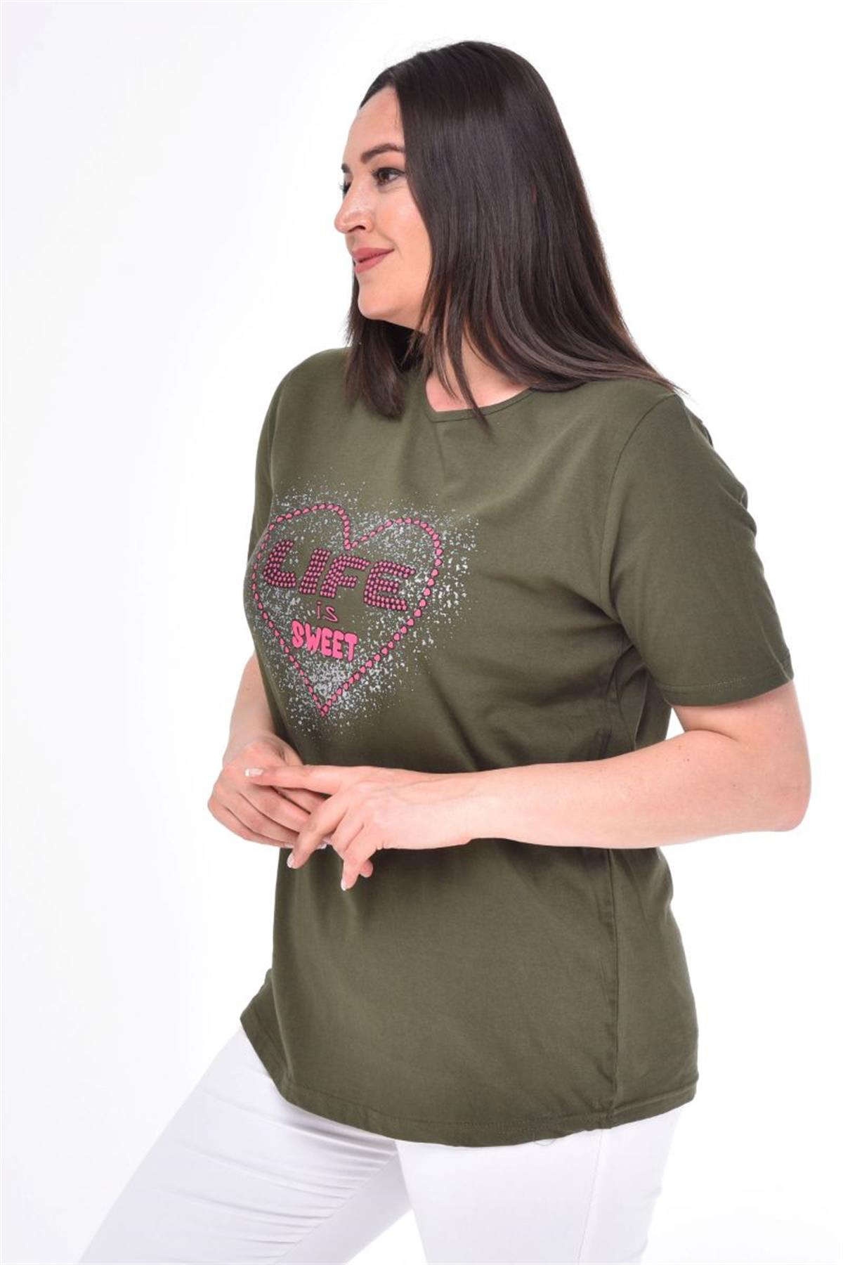 Tshirt Büyük Beden Kalp Baskılı T-Shirt Haki