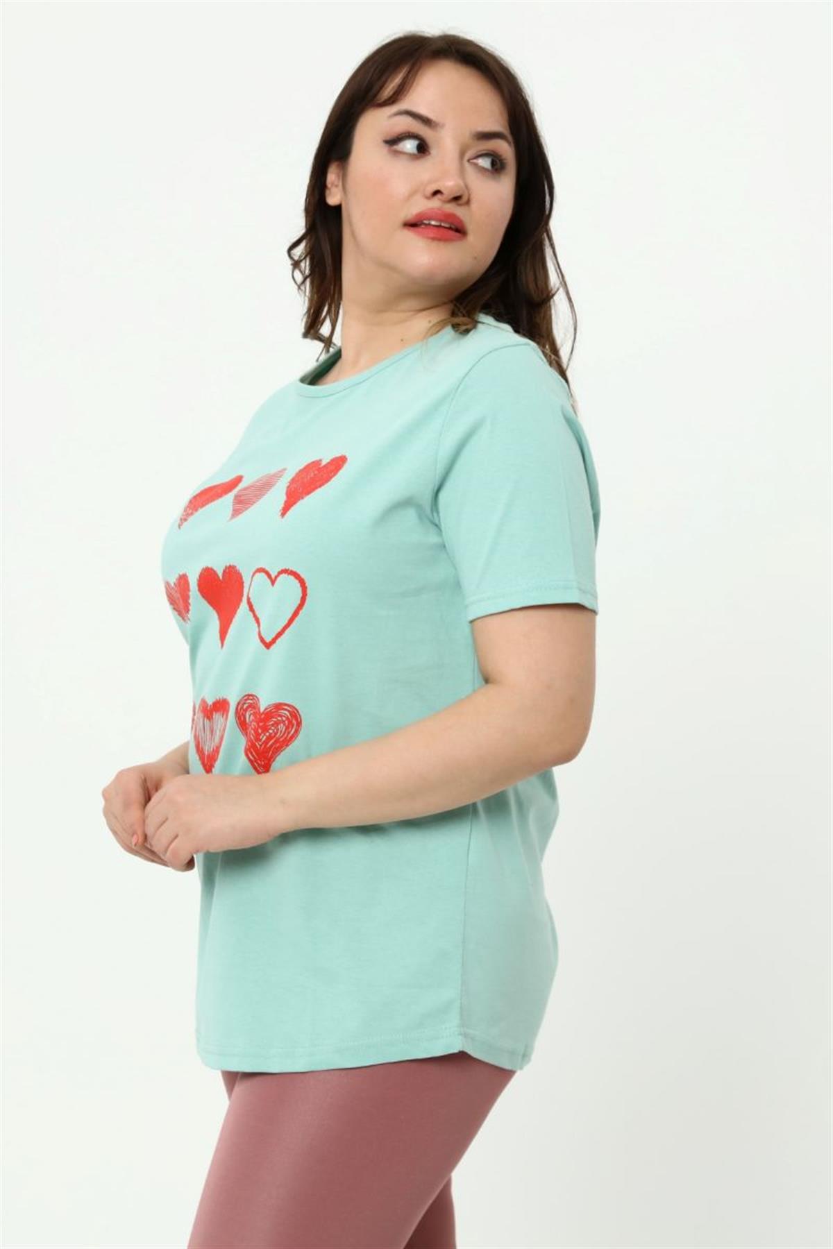 Tshirt Büyük Beden Kalp Baskılı T-Shirt Mint Yeşili
