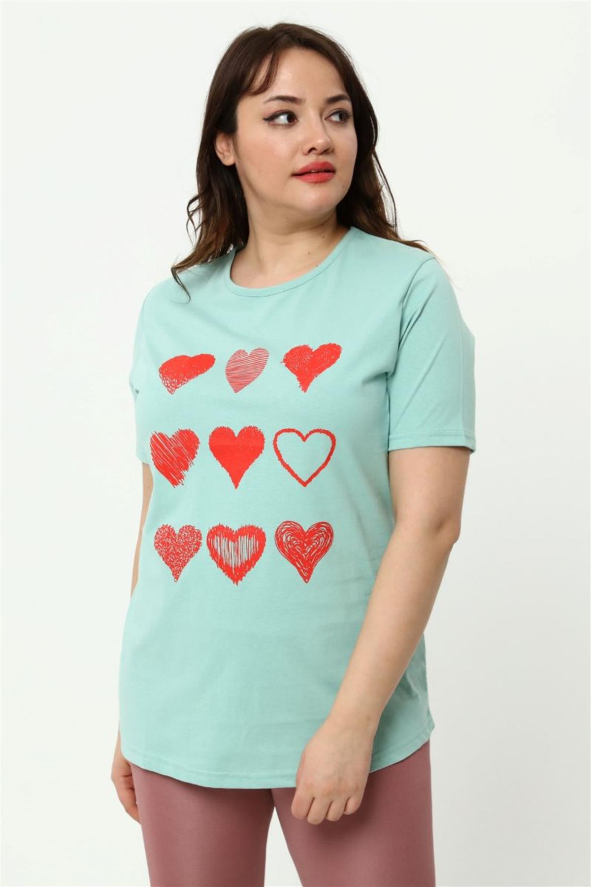 Tshirt Büyük Beden Kalp Baskılı T-Shirt Mint Yeşili