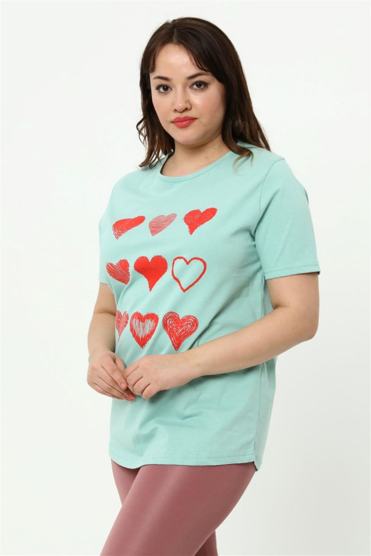 Tshirt Büyük Beden Kalp Baskılı T-Shirt Mint Yeşili