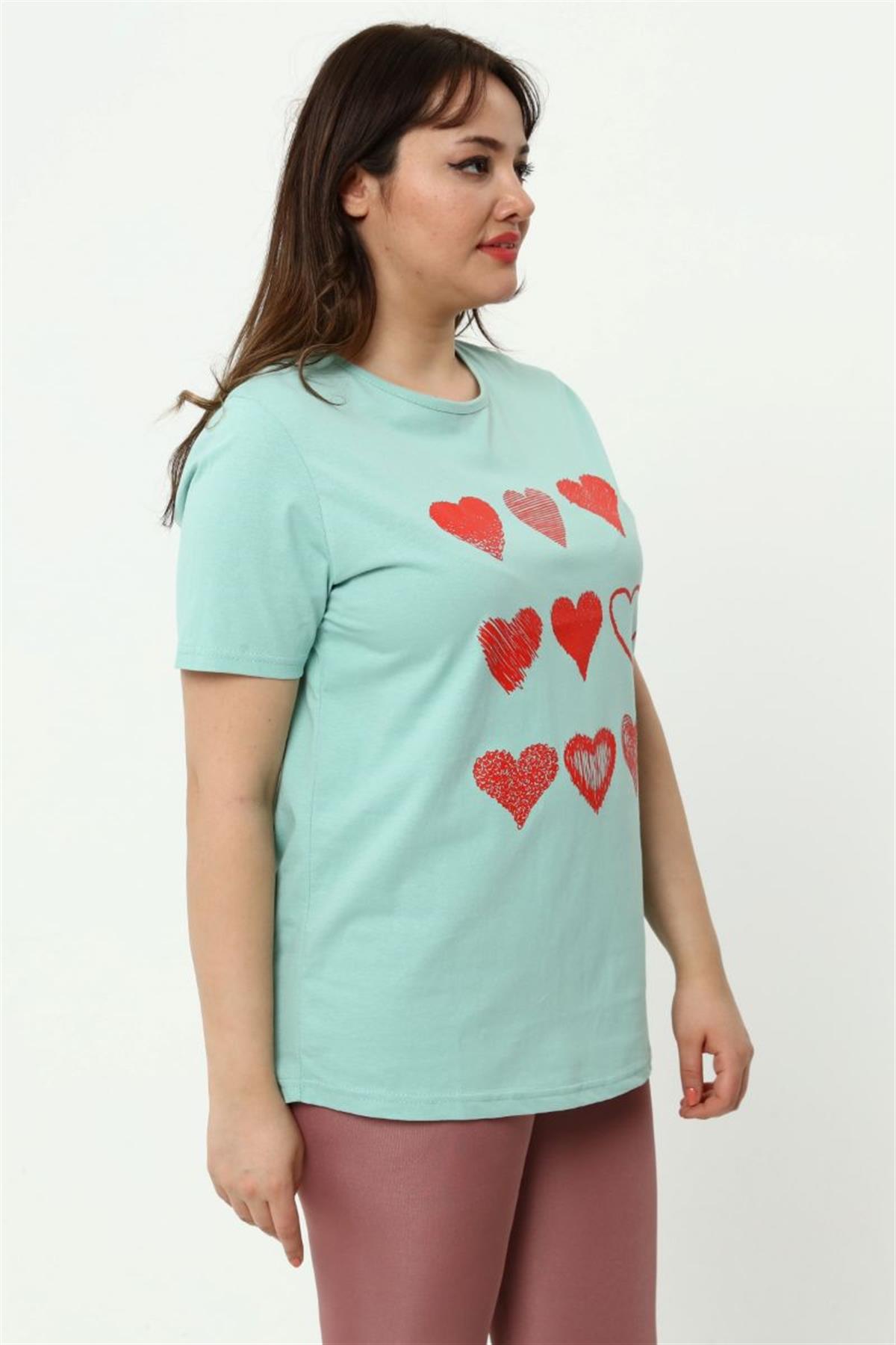 Tshirt Büyük Beden Kalp Baskılı T-Shirt Mint Yeşili