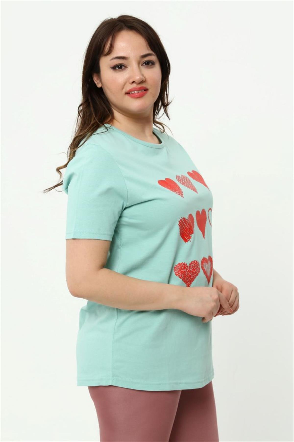 Tshirt Büyük Beden Kalp Baskılı T-Shirt Mint Yeşili