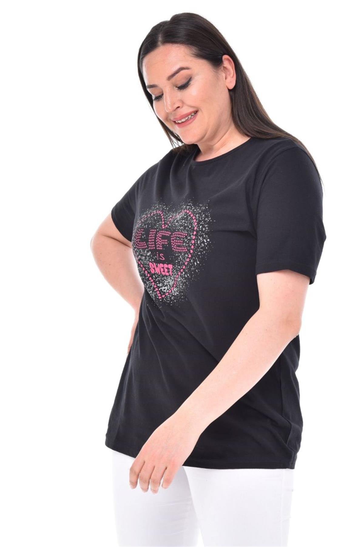 Tshirt Büyük Beden Kalp Baskılı T-Shirt Siyah