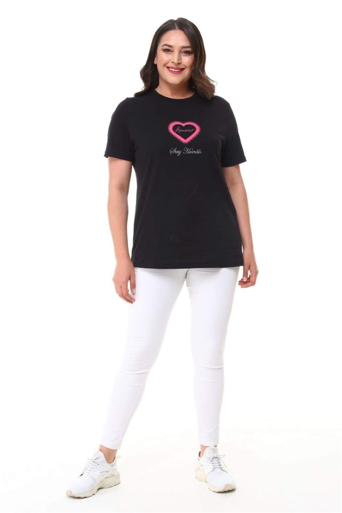 Tshirt Büyük Beden Kalp Baskılı T-Shirt Siyah