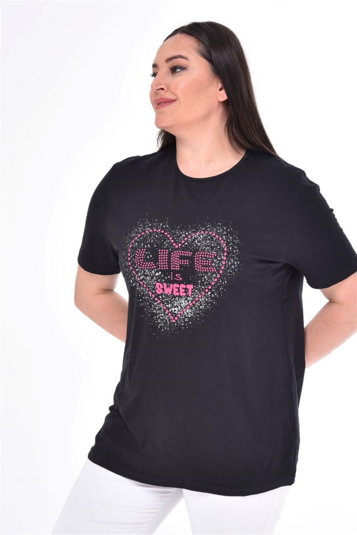 Tshirt Büyük Beden Kalp Baskılı T-Shirt Siyah