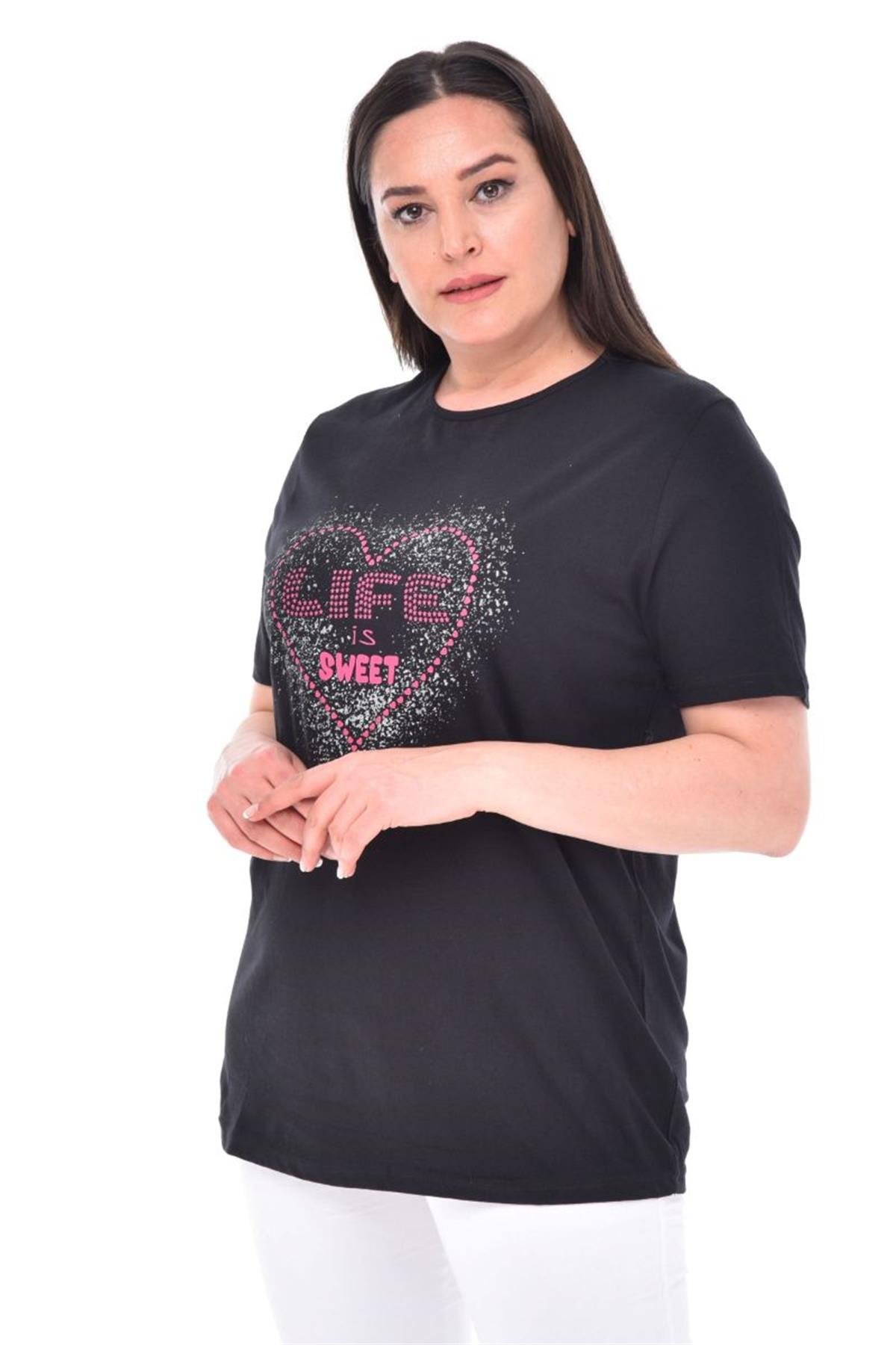 Tshirt Büyük Beden Kalp Baskılı T-Shirt Siyah