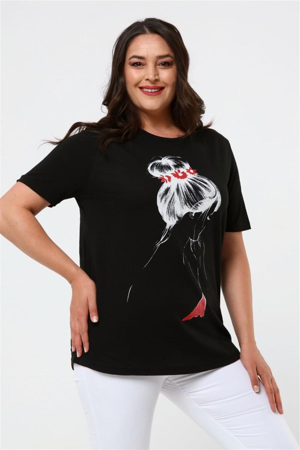 Tshirt Büyük Beden Kalp Baskılı T-Shirt Siyah