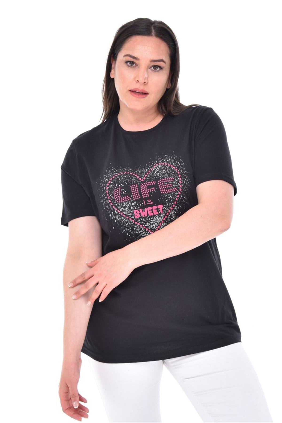 Tshirt Büyük Beden Kalp Baskılı T-Shirt Siyah
