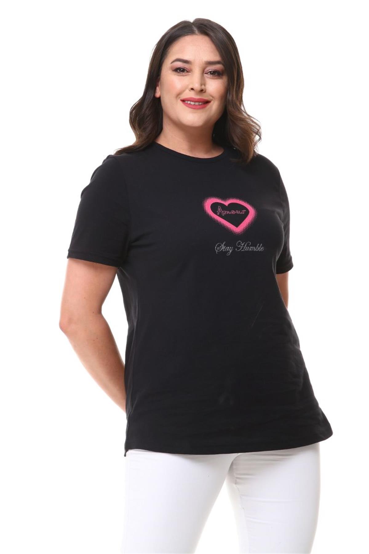Tshirt Büyük Beden Kalp Baskılı T-Shirt Siyah