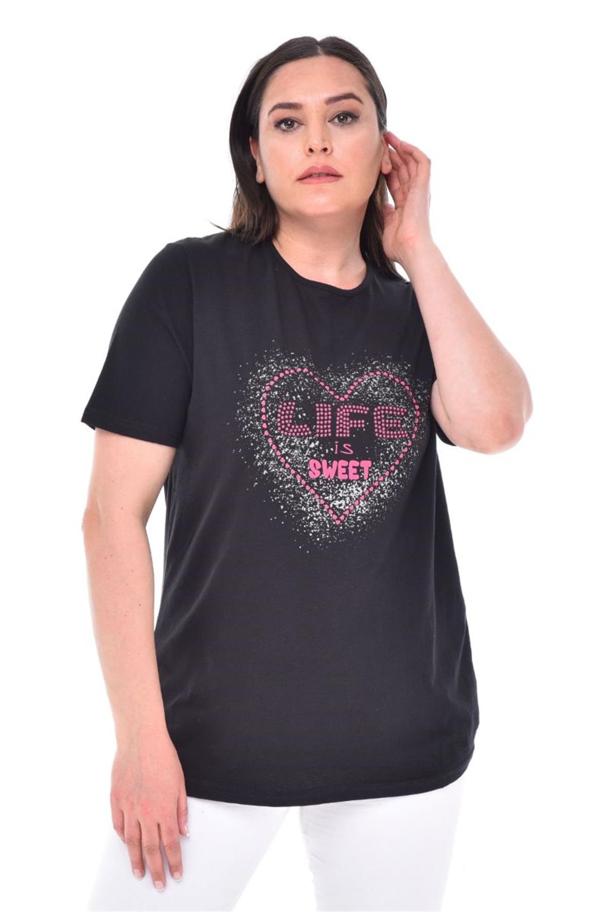 Tshirt Büyük Beden Kalp Baskılı T-Shirt Siyah