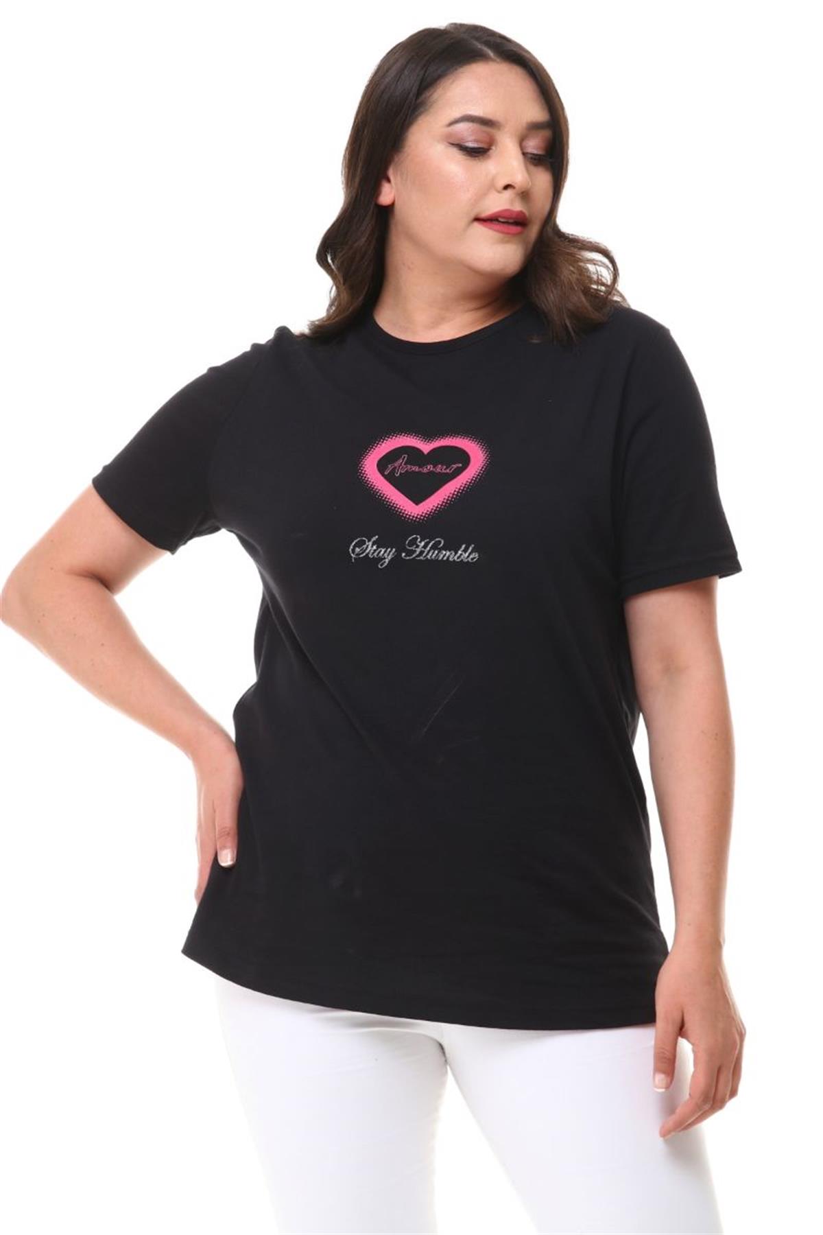 Tshirt Büyük Beden Kalp Baskılı T-Shirt Siyah