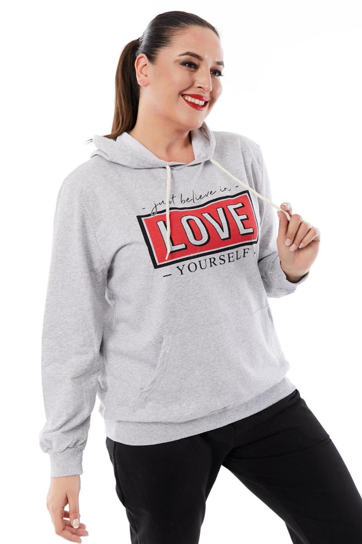 Sweatshirt Büyük Beden Kapüşonlu Kanguru Cepli Baskılı Sweatshirt Gri