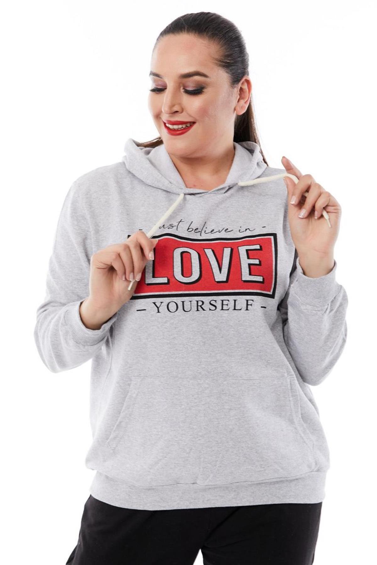Sweatshirt Büyük Beden Kapüşonlu Kanguru Cepli Baskılı Sweatshirt Gri