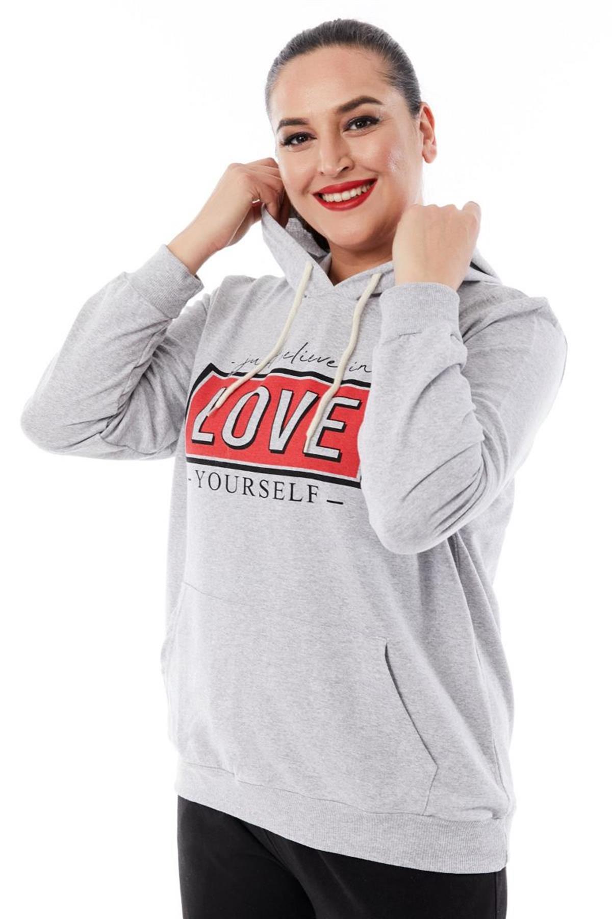 Sweatshirt Büyük Beden Kapüşonlu Kanguru Cepli Baskılı Sweatshirt Gri