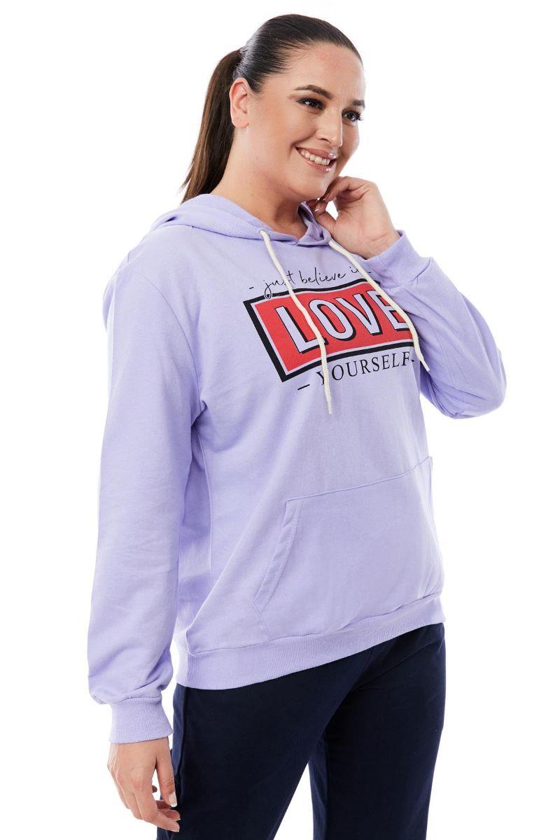 Sweatshirt Büyük Beden Kapüşonlu Kanguru Cepli Baskılı Sweatshirt Lila