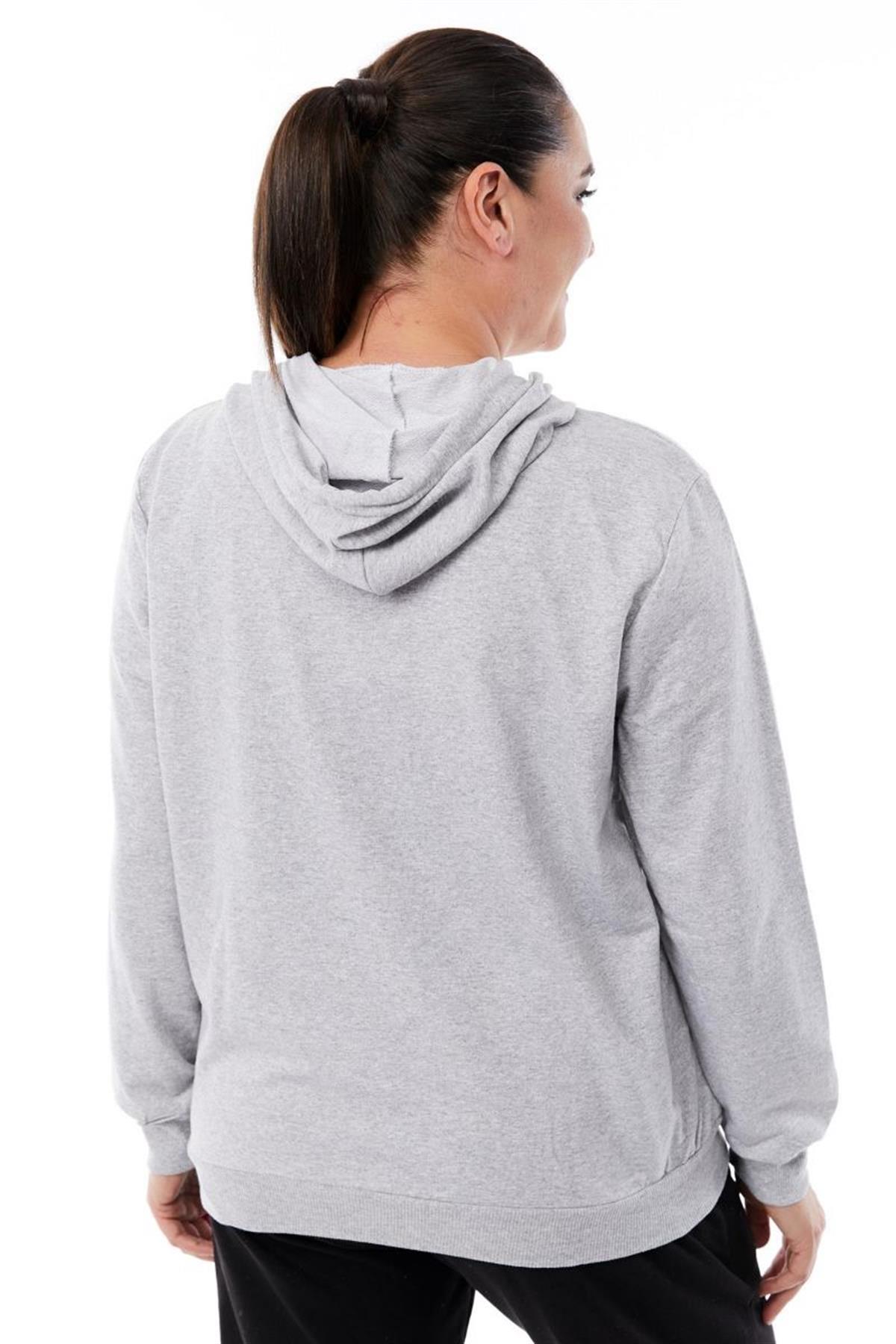 Sweatshirt Büyük Beden Kapüşonlu Kanguru Cepli Baskılı Sweatshirt Gri