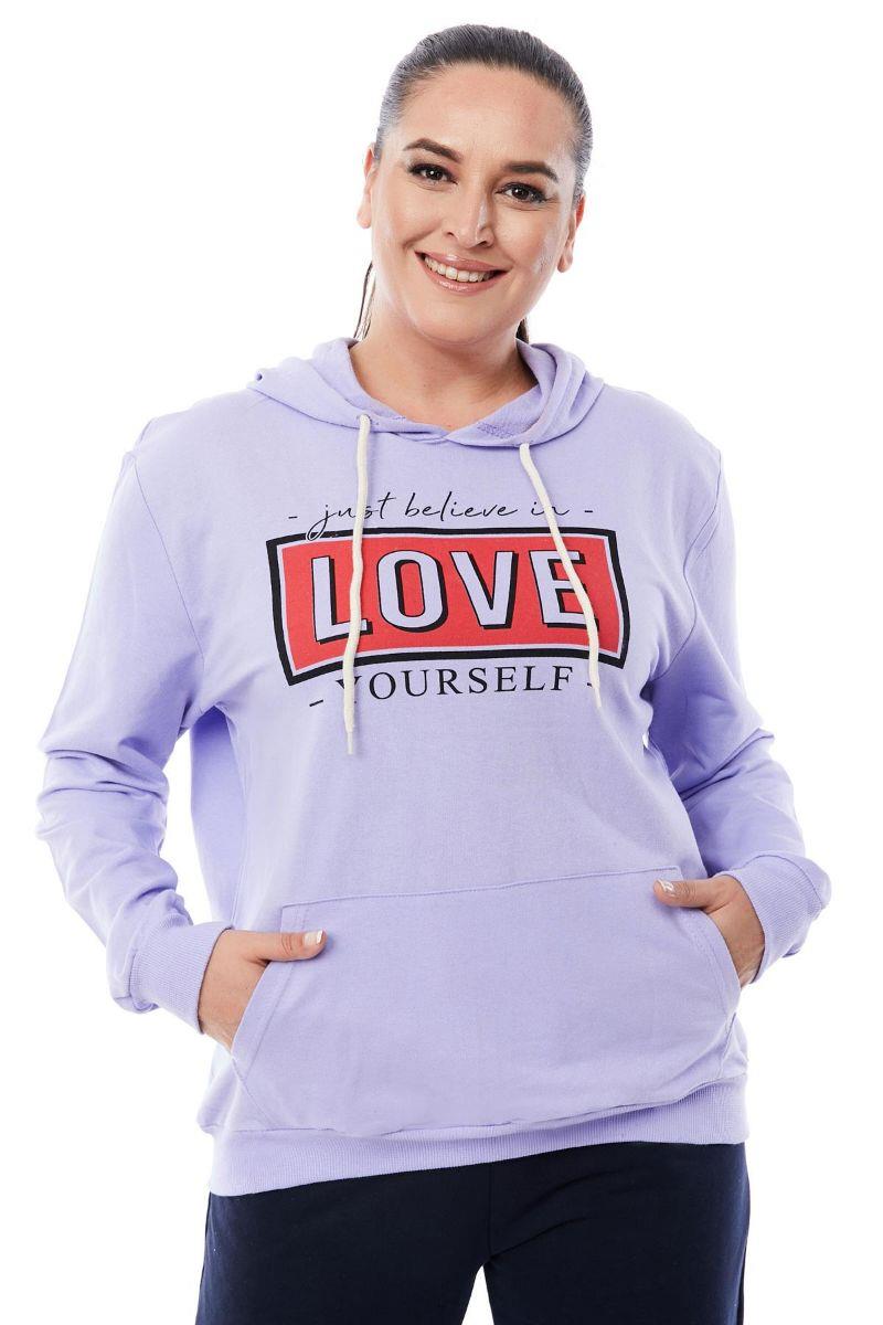 Sweatshirt Büyük Beden Kapüşonlu Kanguru Cepli Baskılı Sweatshirt Lila