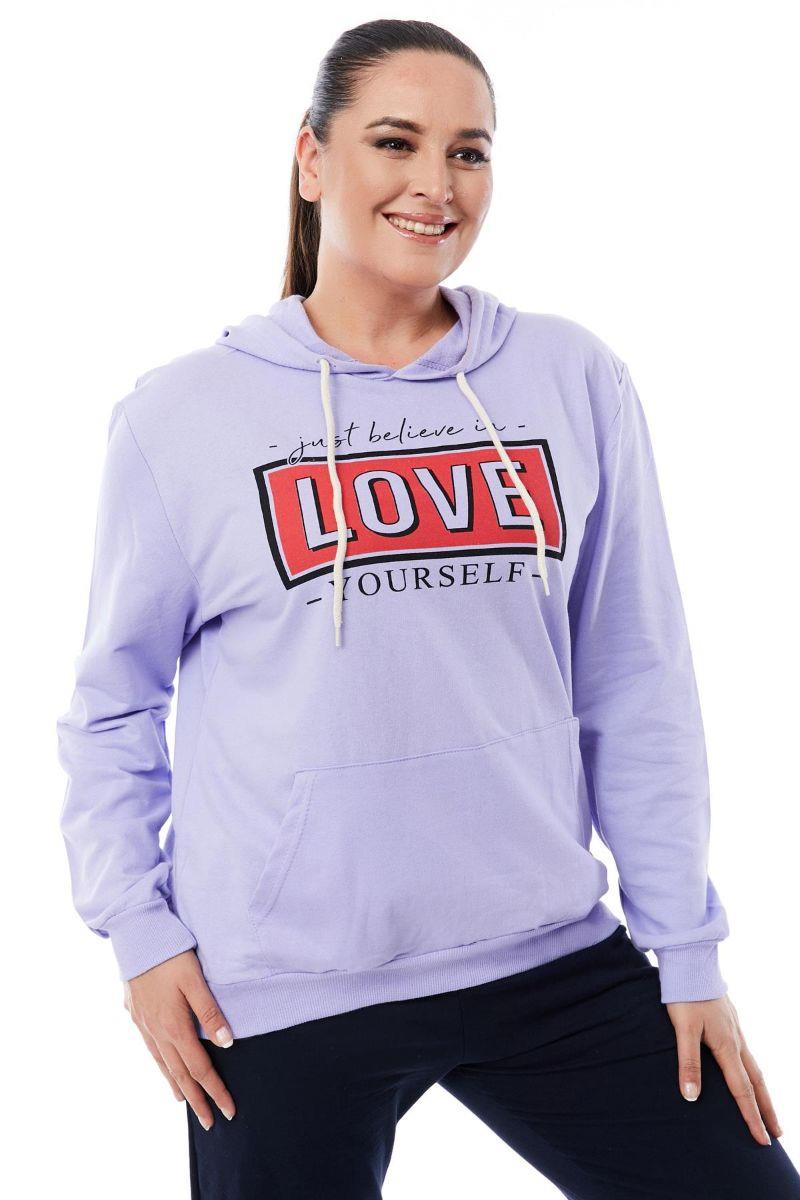 Sweatshirt Büyük Beden Kapüşonlu Kanguru Cepli Baskılı Sweatshirt Lila