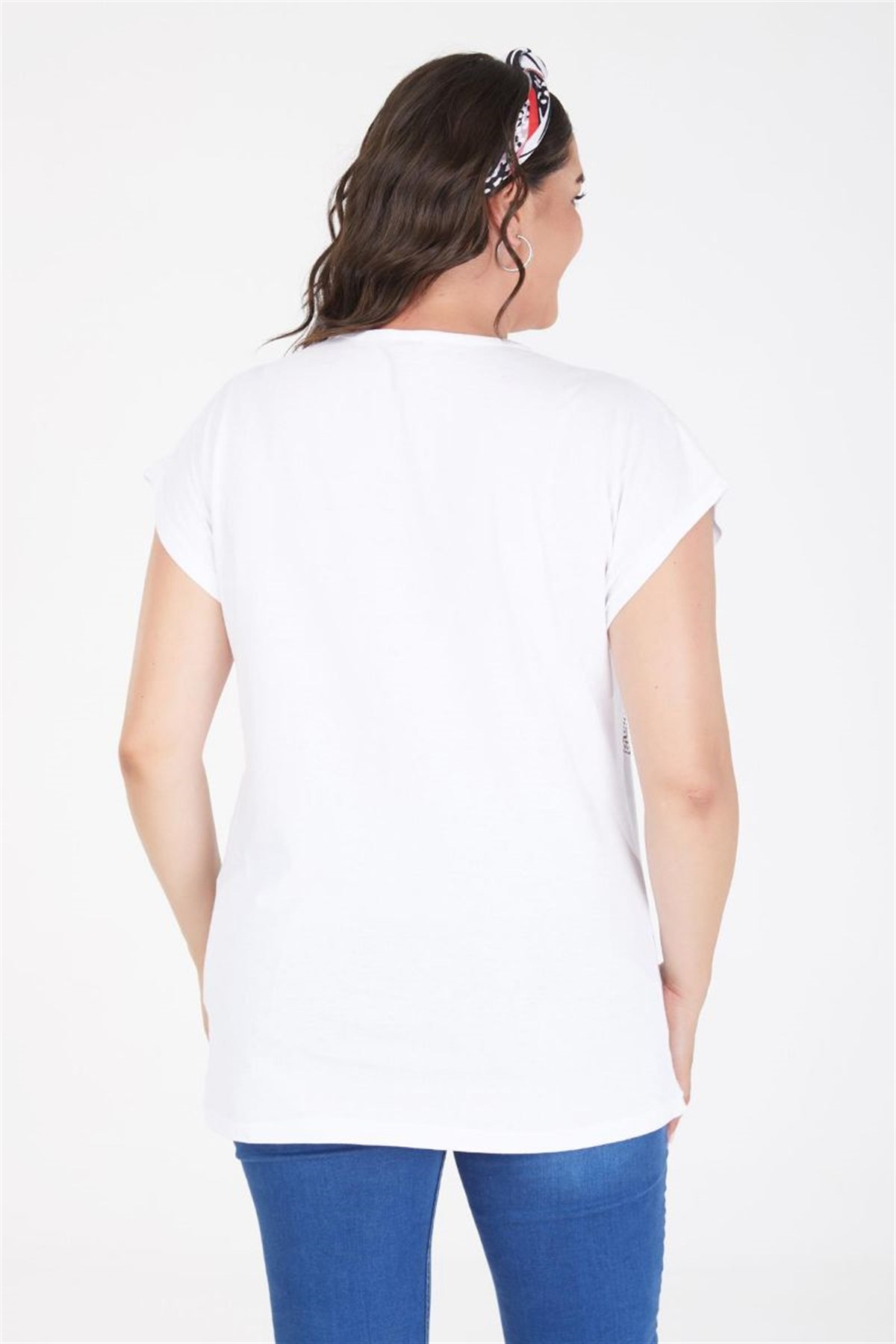 Tshirt Büyük Beden Kare Desenli Yarasa Kol T-Shirt Beyaz