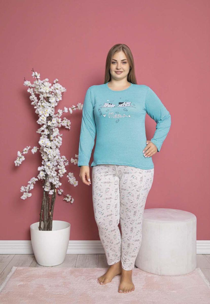 Pijama Takımı Büyük Beden Kedi Baskılı Pamuklu Mavi Pijama Takımı Mavi