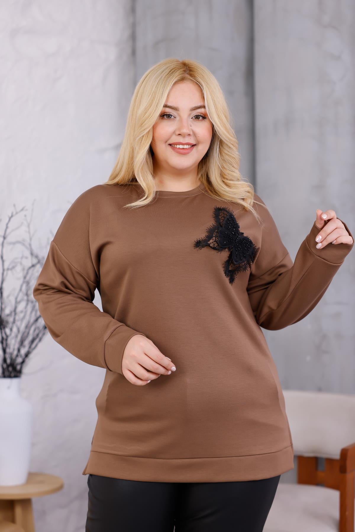 Uzun Kol Bluz Büyük Beden Kelebek Aksesuarlı Modal Kumaş Sweatshirt