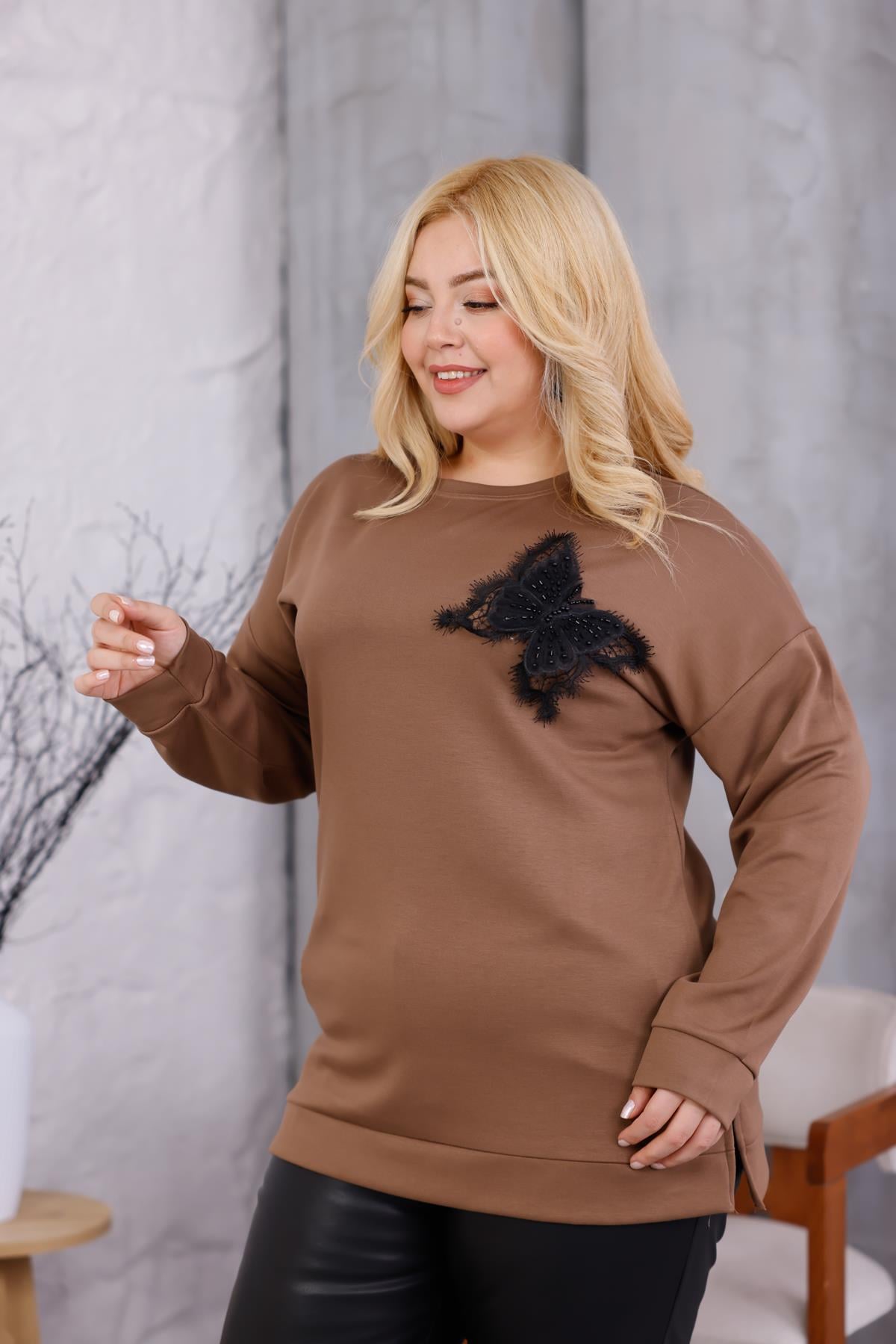 Uzun Kol Bluz Büyük Beden Kelebek Aksesuarlı Modal Kumaş Sweatshirt