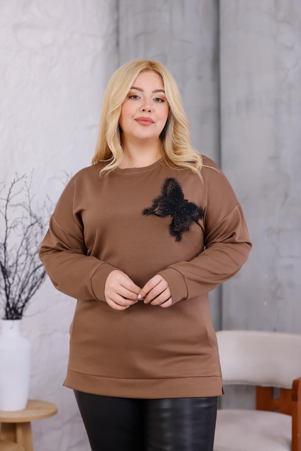 Uzun Kol Bluz Büyük Beden Kelebek Aksesuarlı Modal Kumaş Sweatshirt