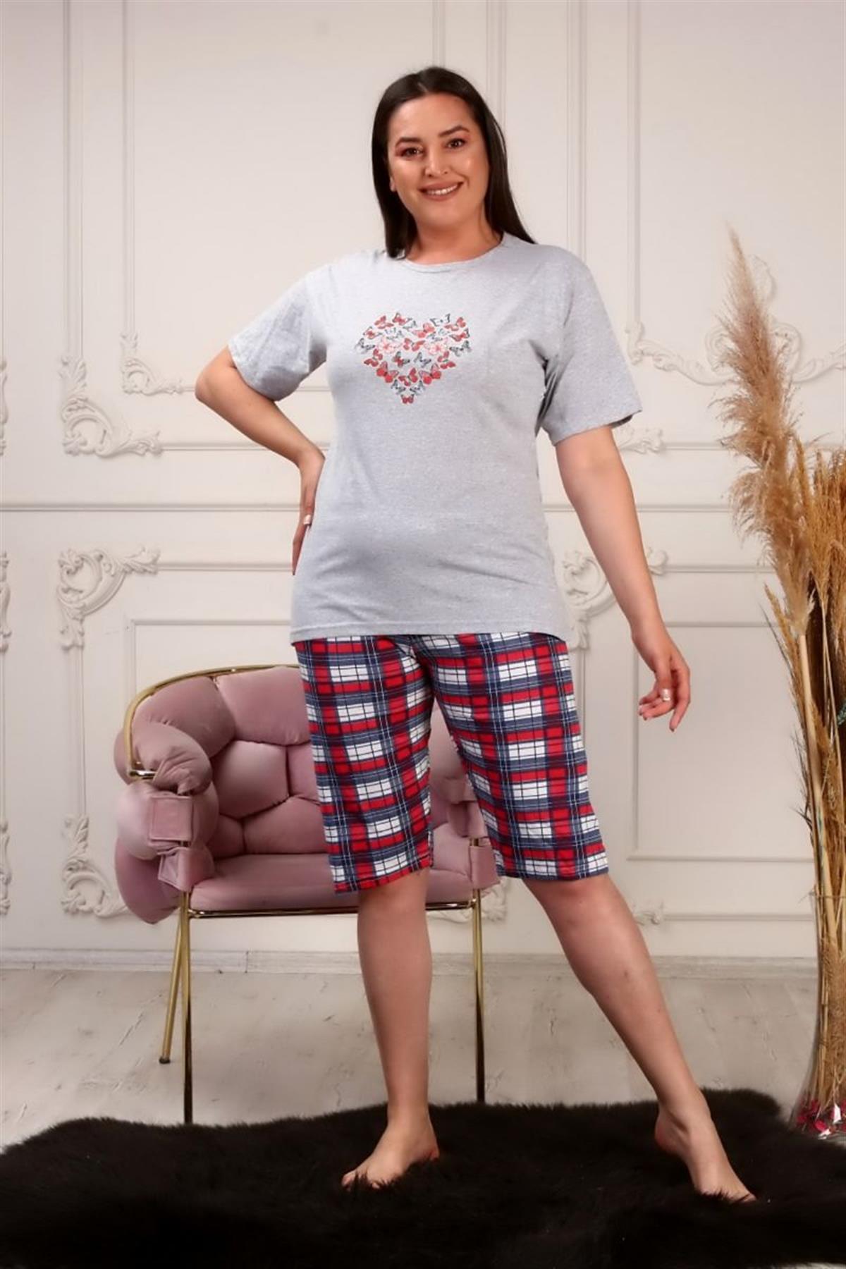 Pijama Takımı Büyük Beden Kelebek Baskılı Kapri Şortlu Pijama Takımı Gri