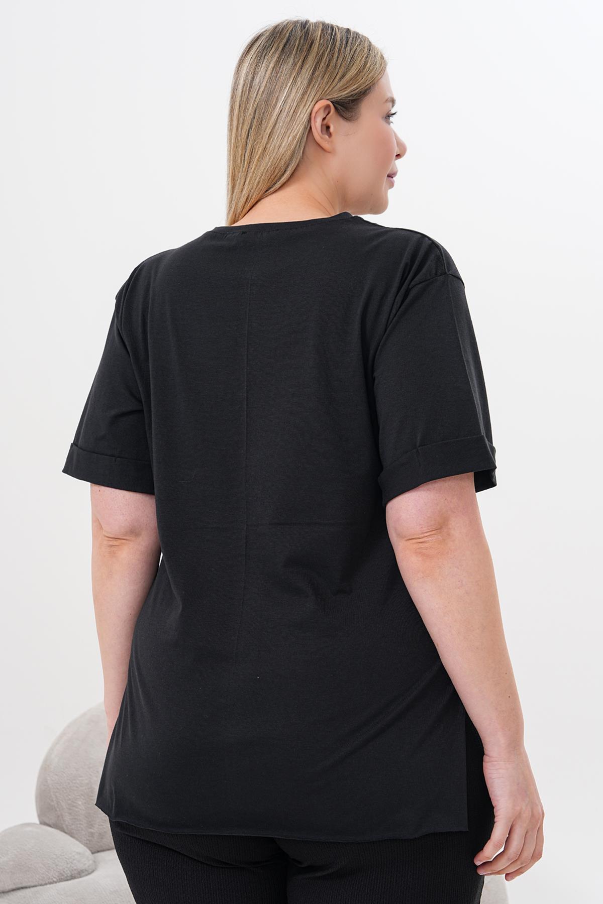 Tshirt Büyük Beden Kiraz Baskılı Uzun Yırtmaçlı Tshirt