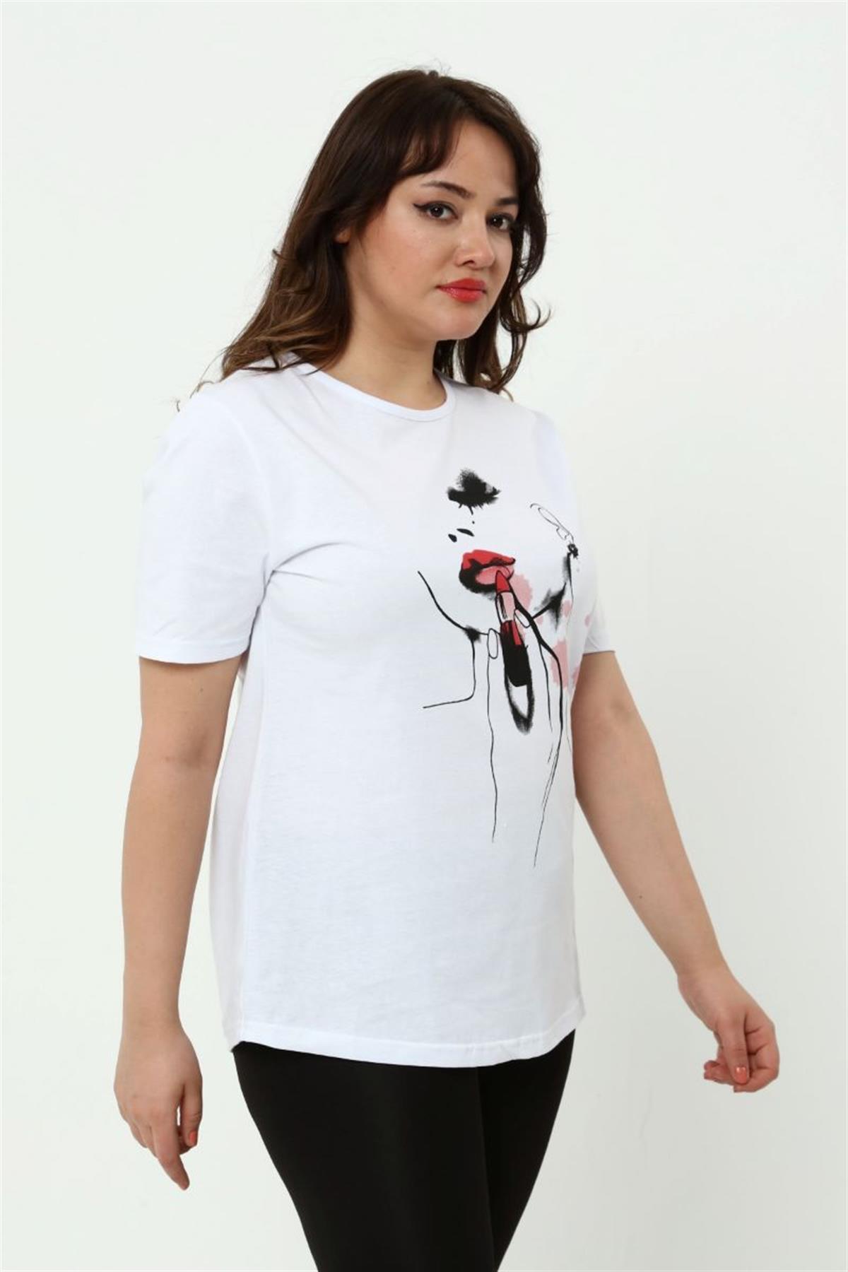 Tshirt Büyük Beden Kız Baskılı T-Shirt Beyaz