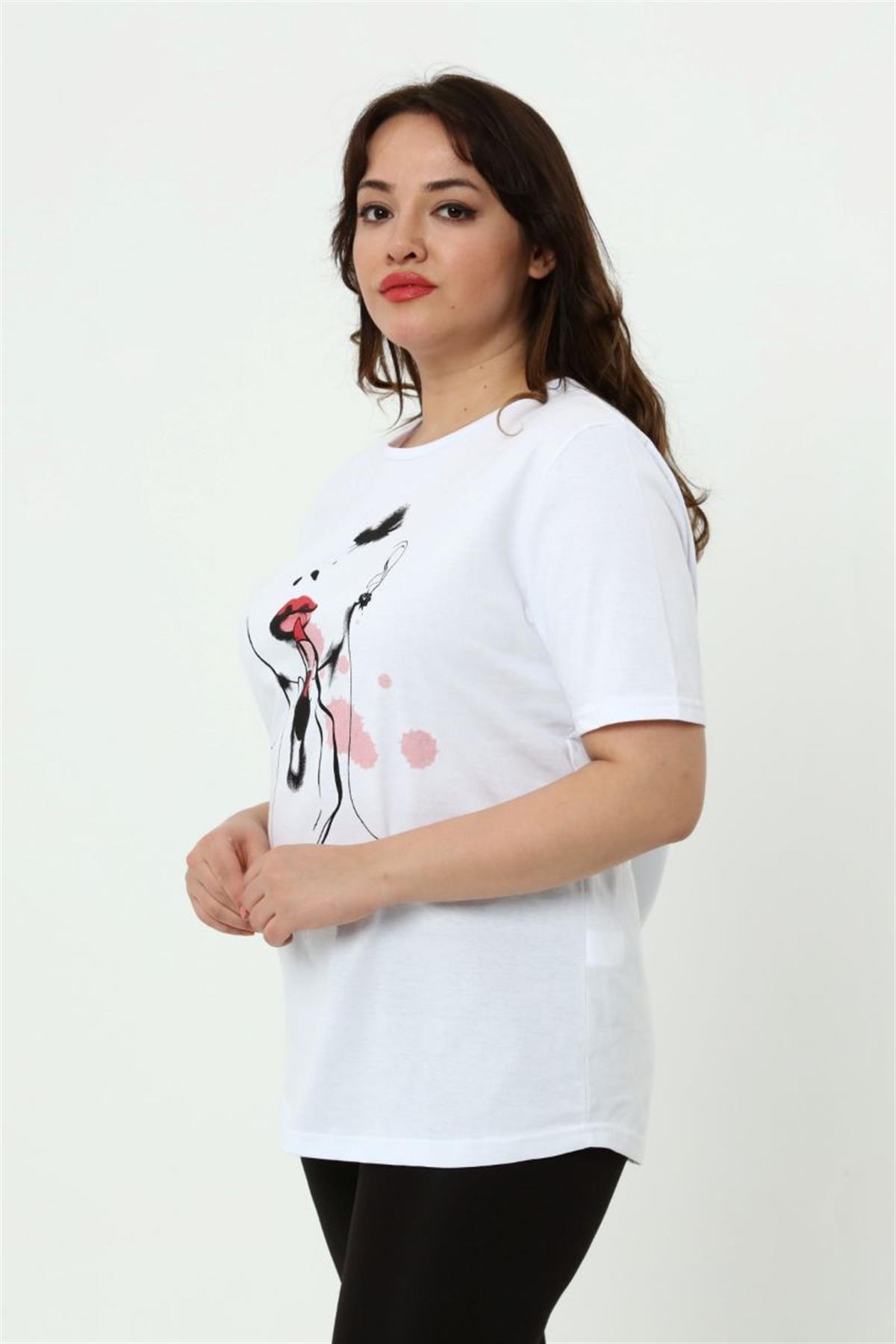 Tshirt Büyük Beden Kız Baskılı T-Shirt Beyaz