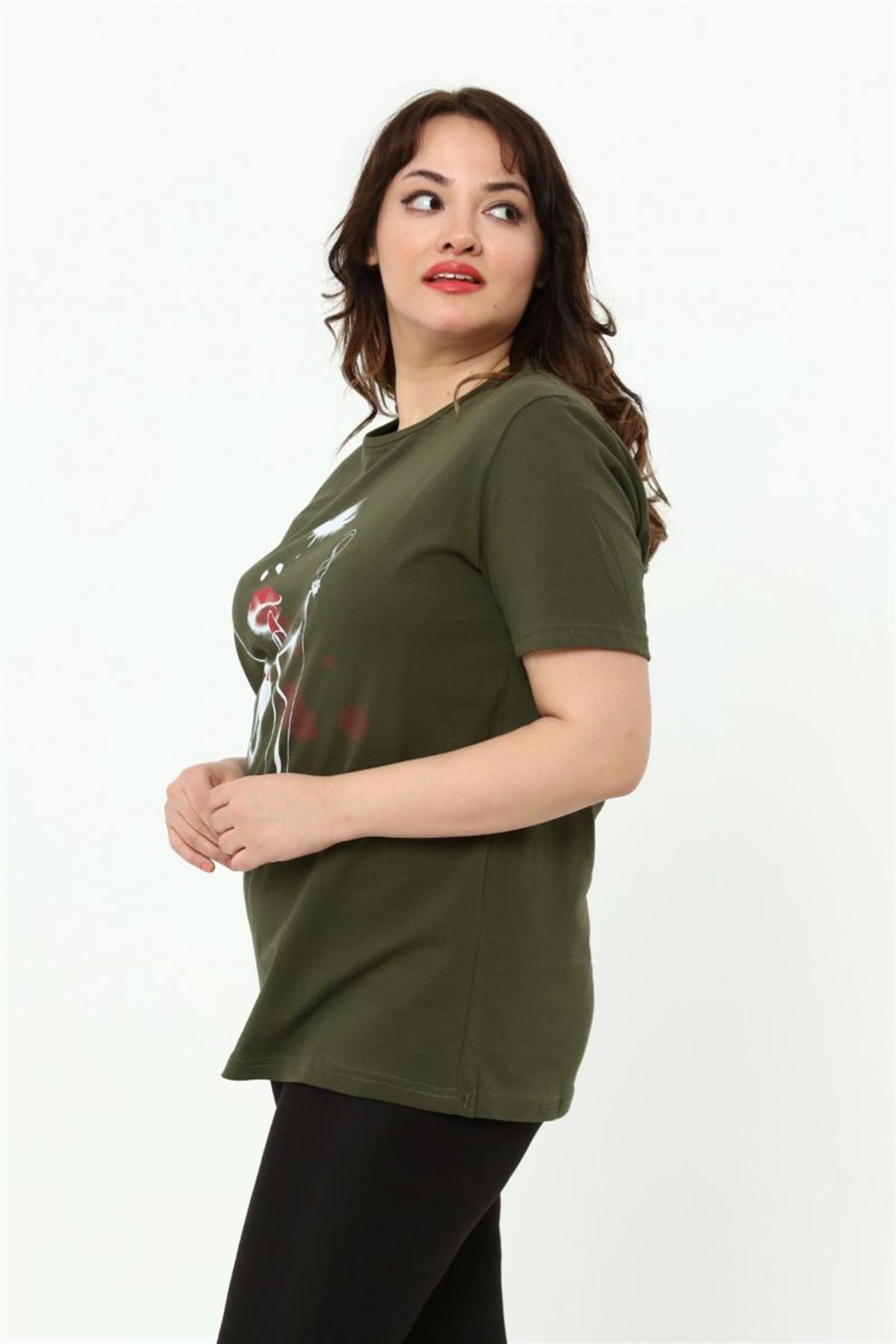 Tshirt Büyük Beden Kız Baskılı T-Shirt Haki