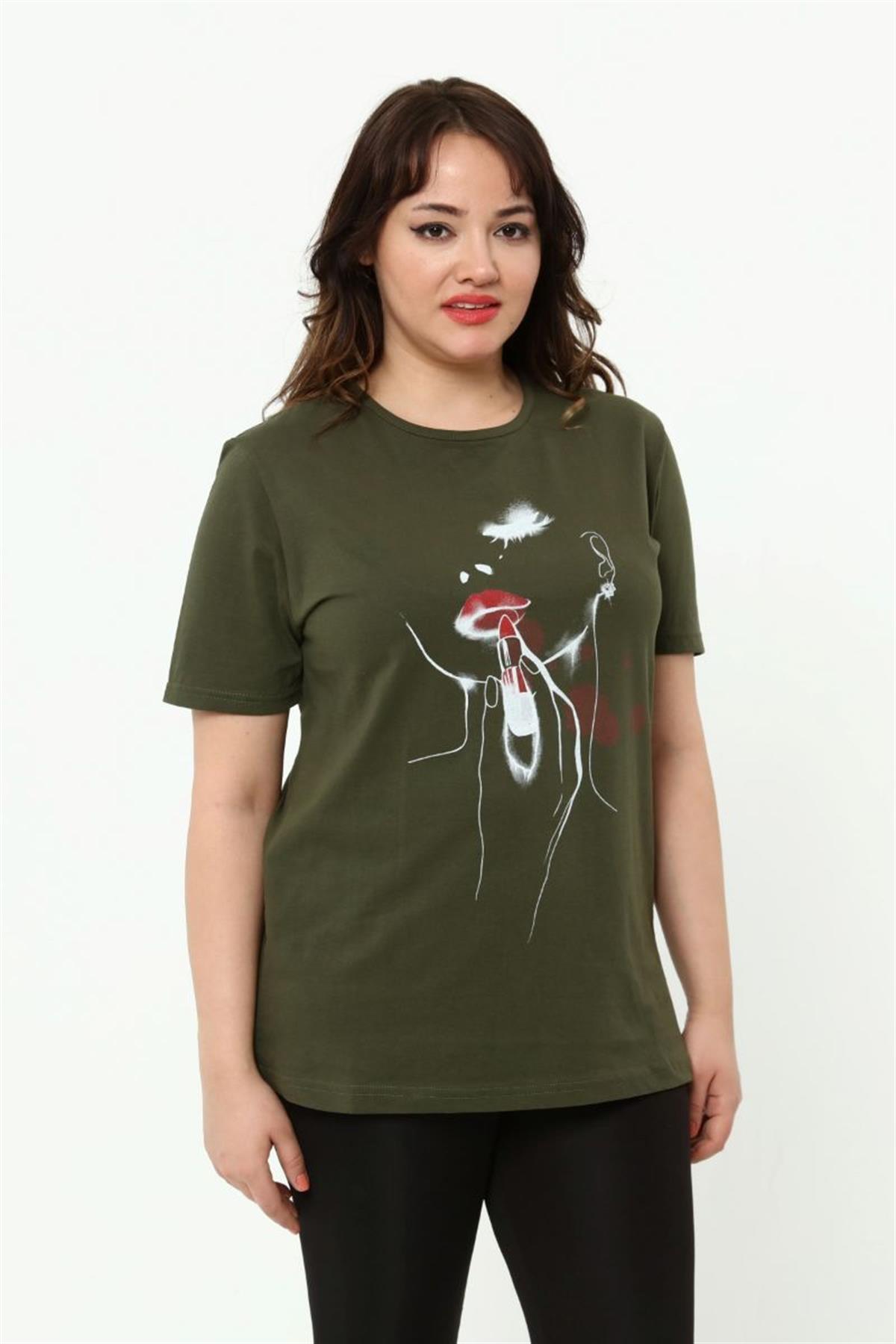 Tshirt Büyük Beden Kız Baskılı T-Shirt Haki