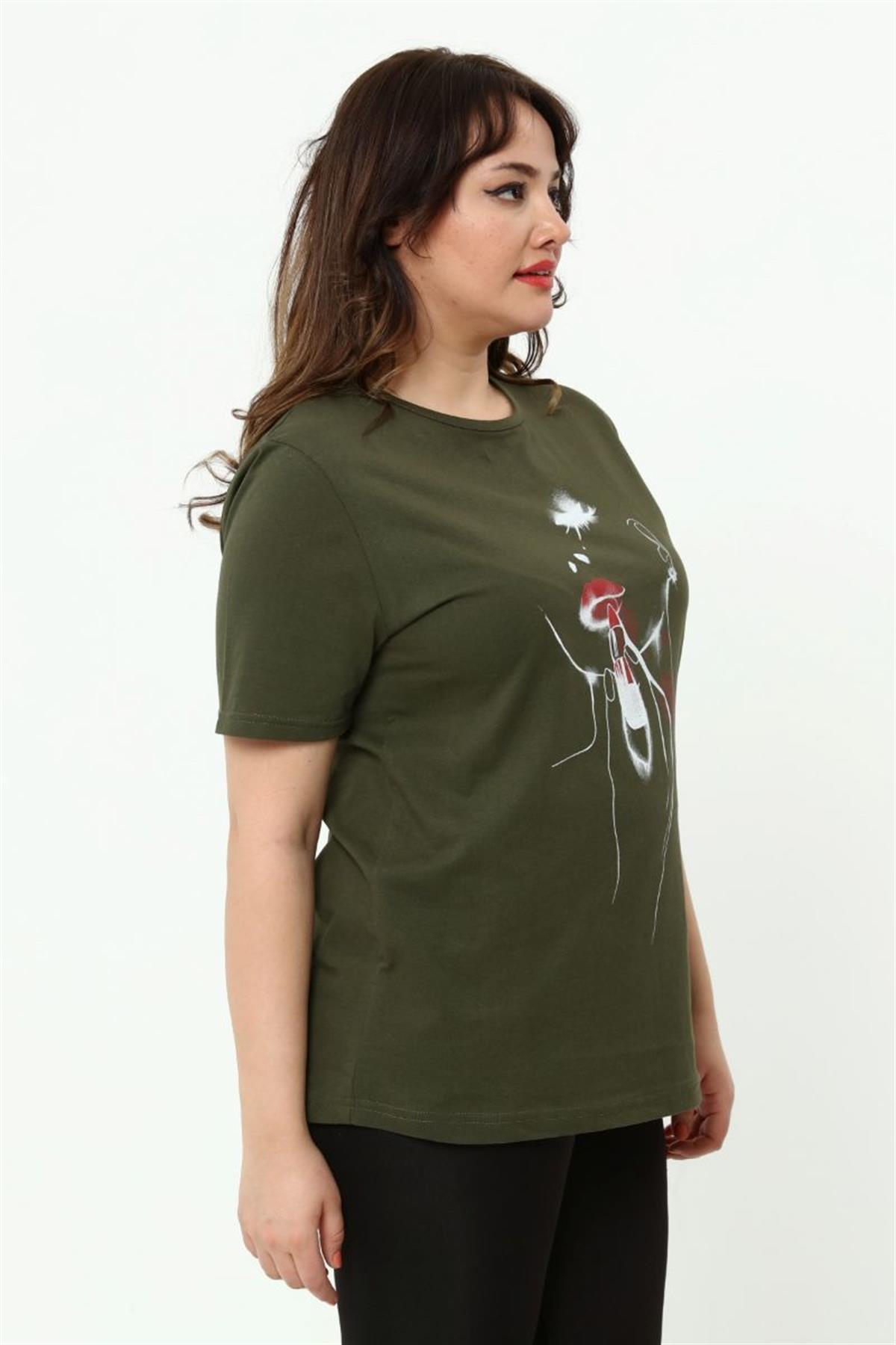 Tshirt Büyük Beden Kız Baskılı T-Shirt Haki