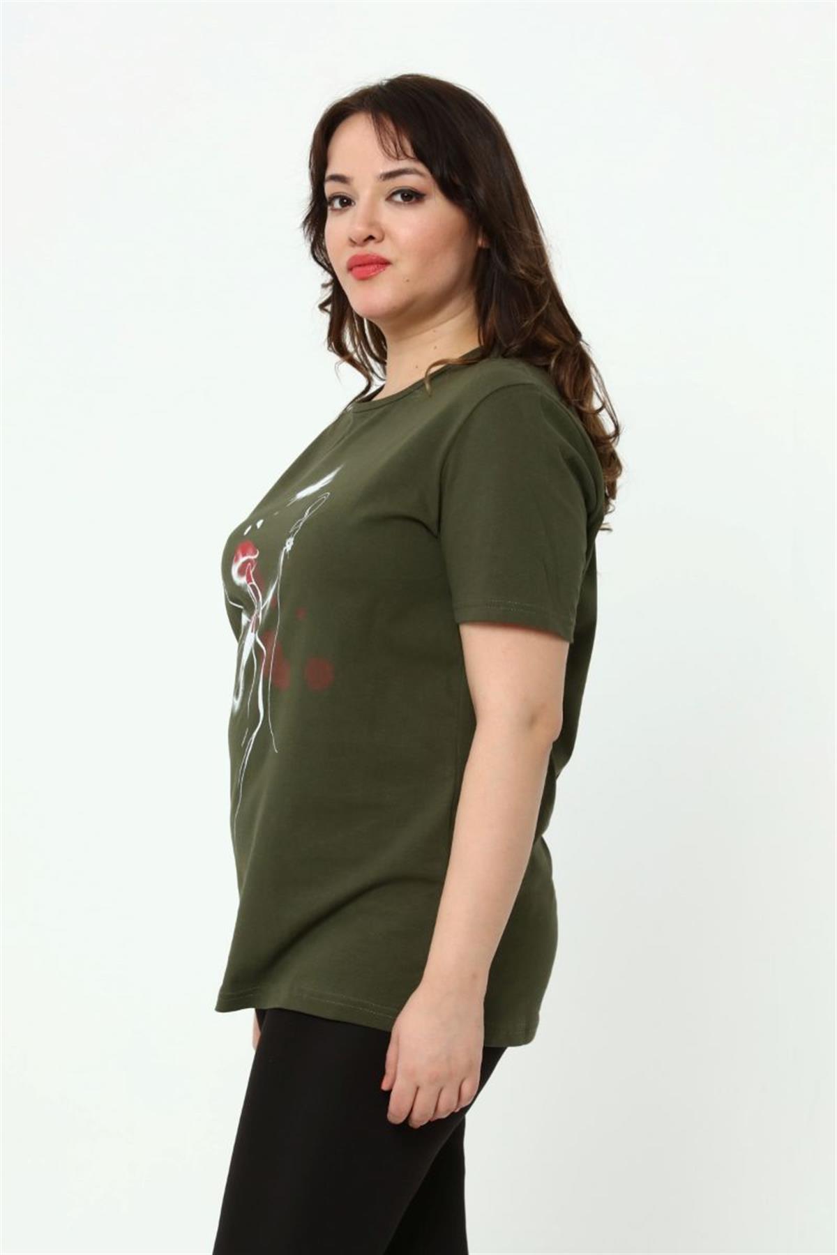 Tshirt Büyük Beden Kız Baskılı T-Shirt Haki