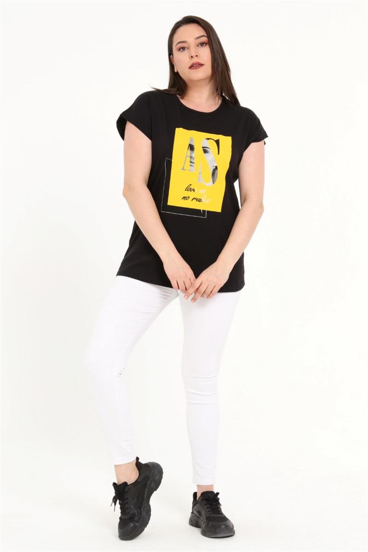 Tshirt Büyük Beden Kız Baskılı Yarasa Kol T-Shirt Siyah