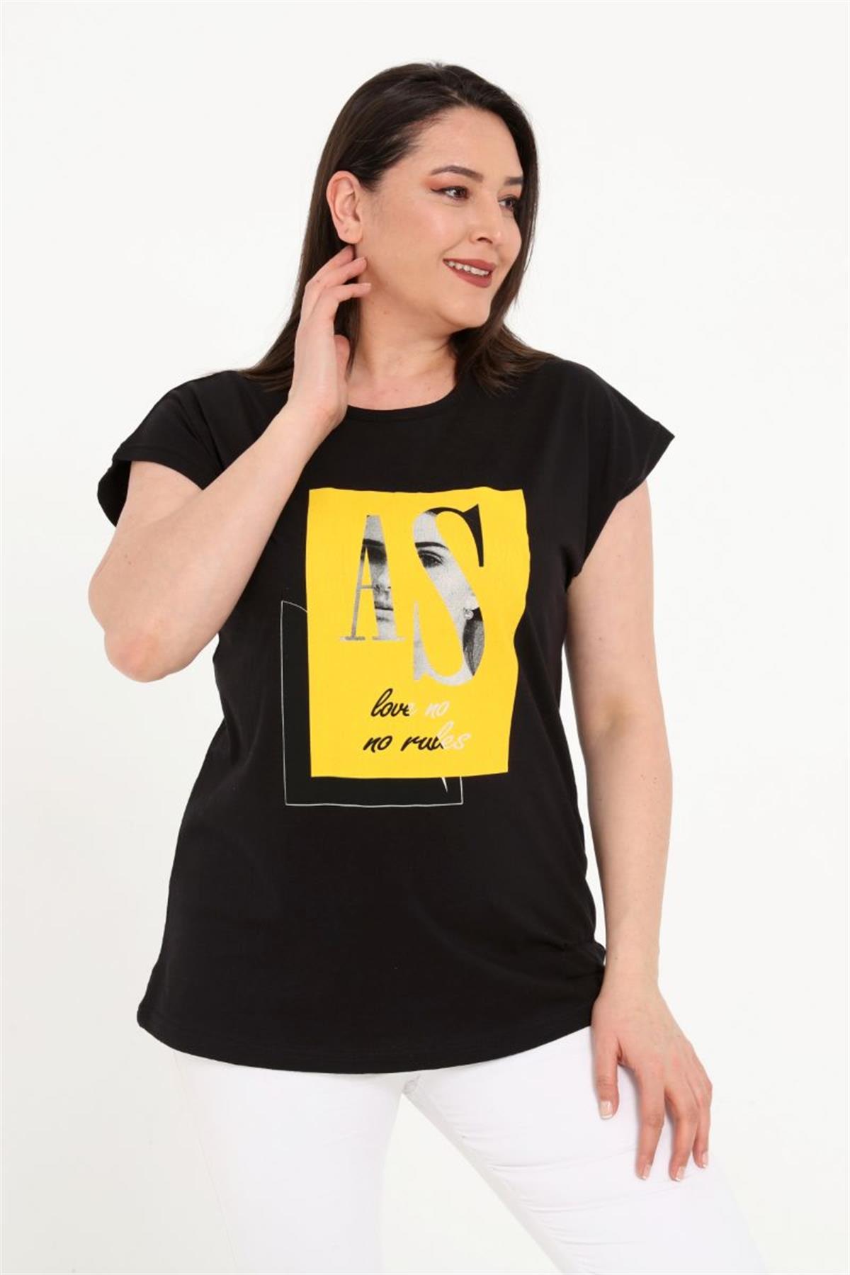 Tshirt Büyük Beden Kız Baskılı Yarasa Kol T-Shirt Siyah