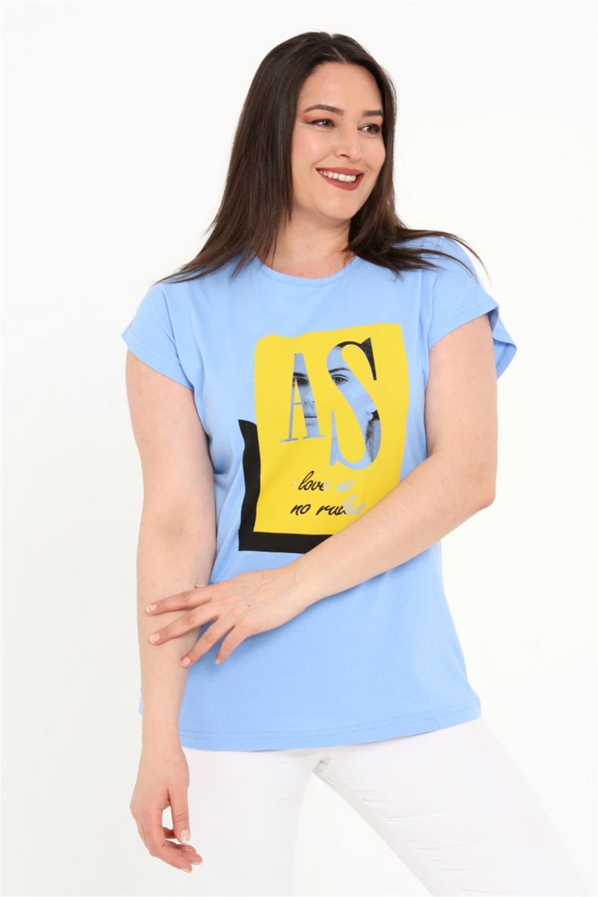 Tshirt Büyük Beden Kız Baskılı Yarasa Kol T-Shirt Mavi