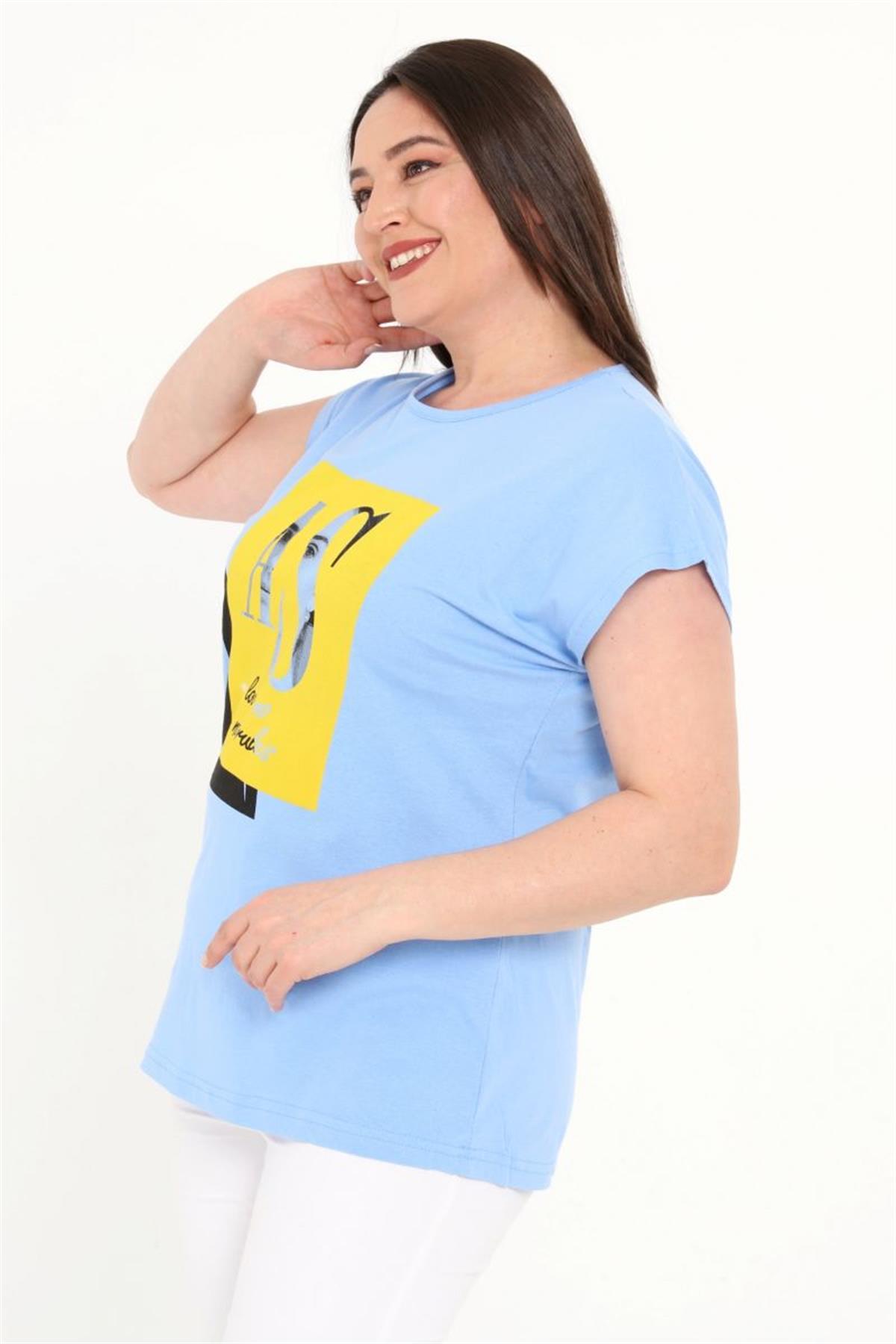 Tshirt Büyük Beden Kız Baskılı Yarasa Kol T-Shirt Mavi