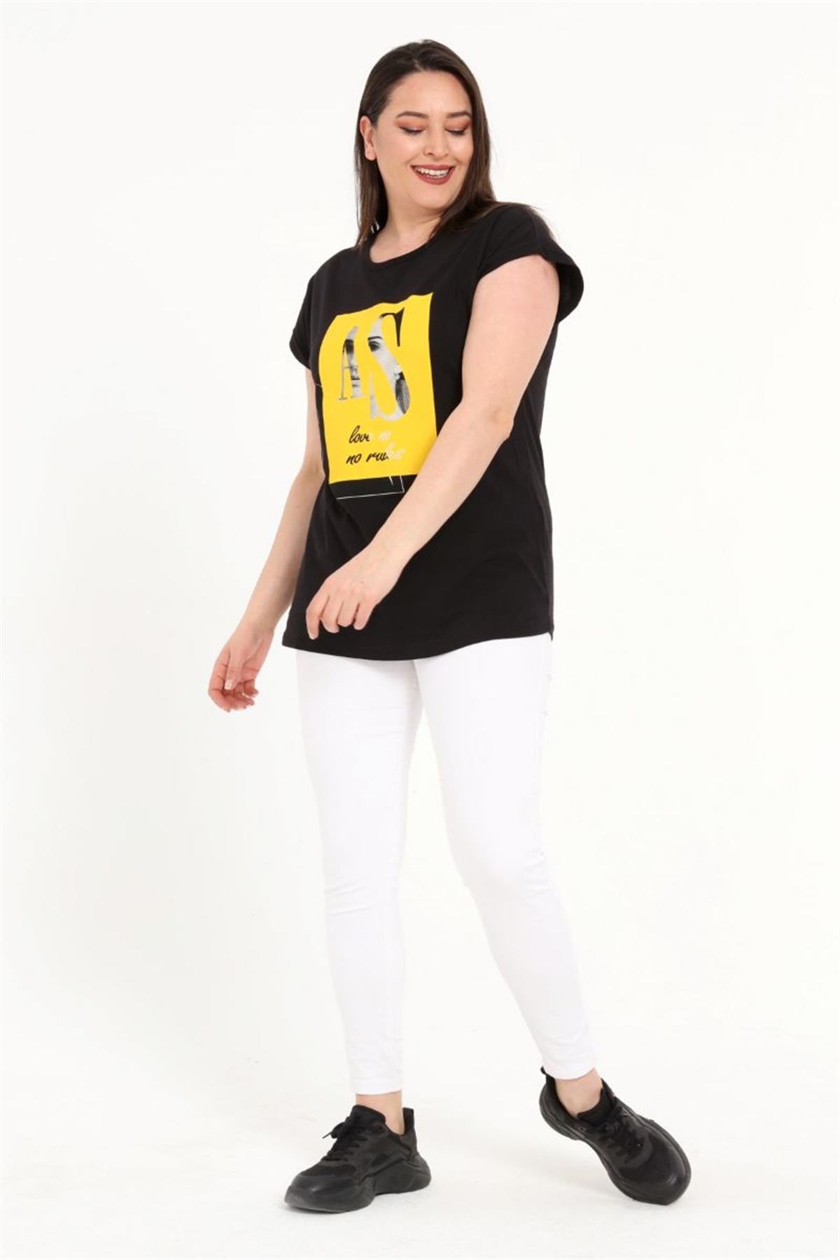 Tshirt Büyük Beden Kız Baskılı Yarasa Kol T-Shirt Siyah