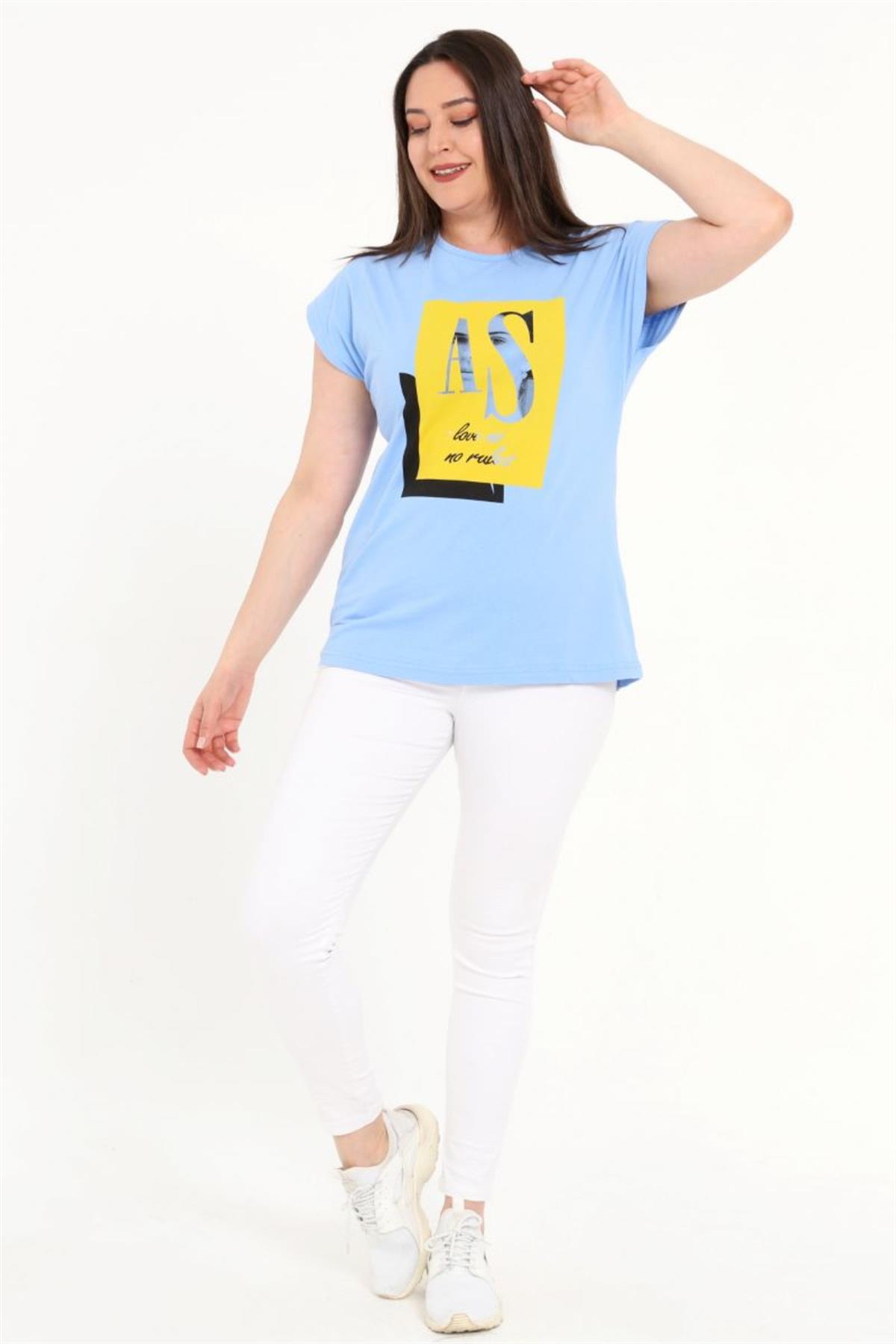Tshirt Büyük Beden Kız Baskılı Yarasa Kol T-Shirt Mavi