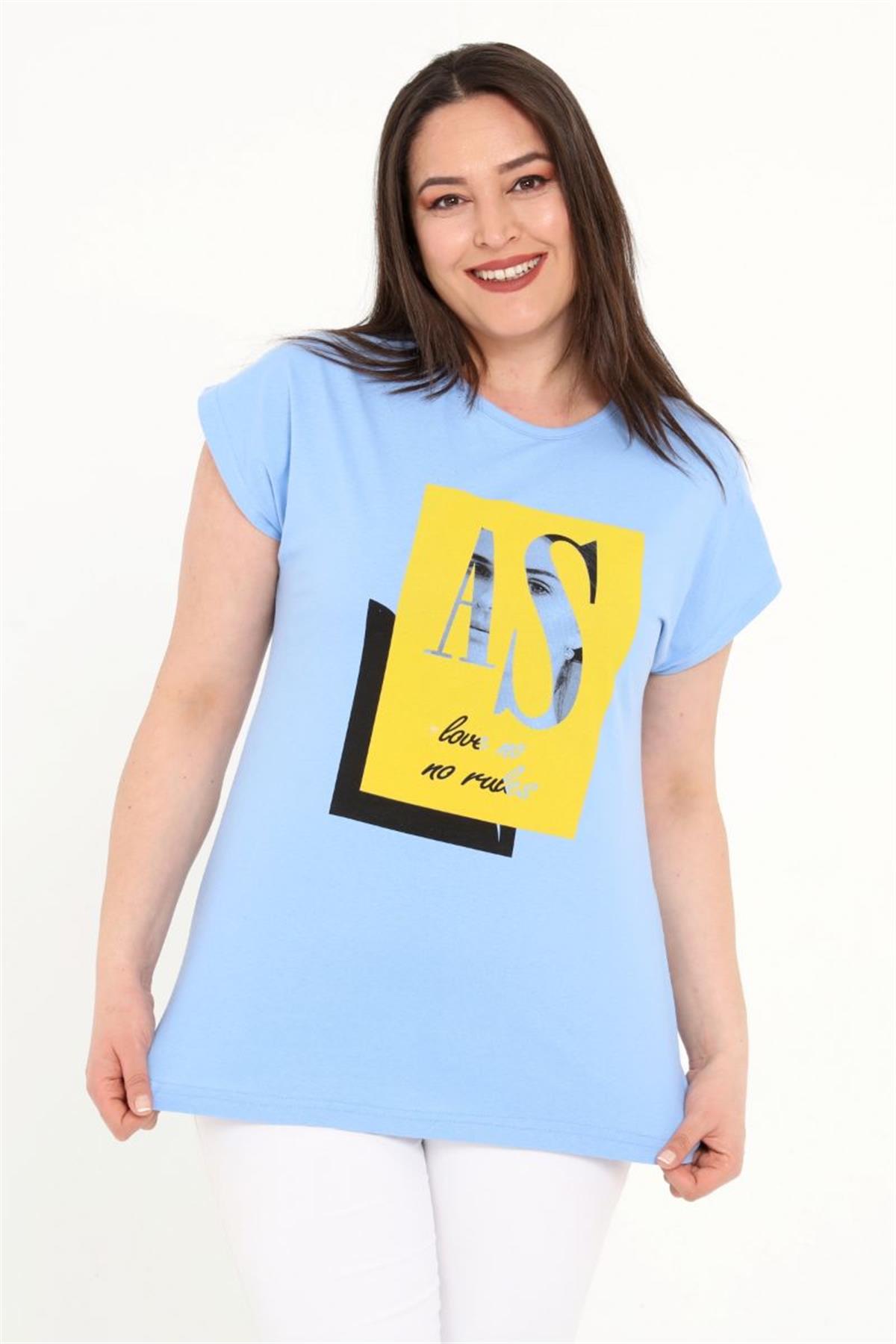 Tshirt Büyük Beden Kız Baskılı Yarasa Kol T-Shirt Mavi
