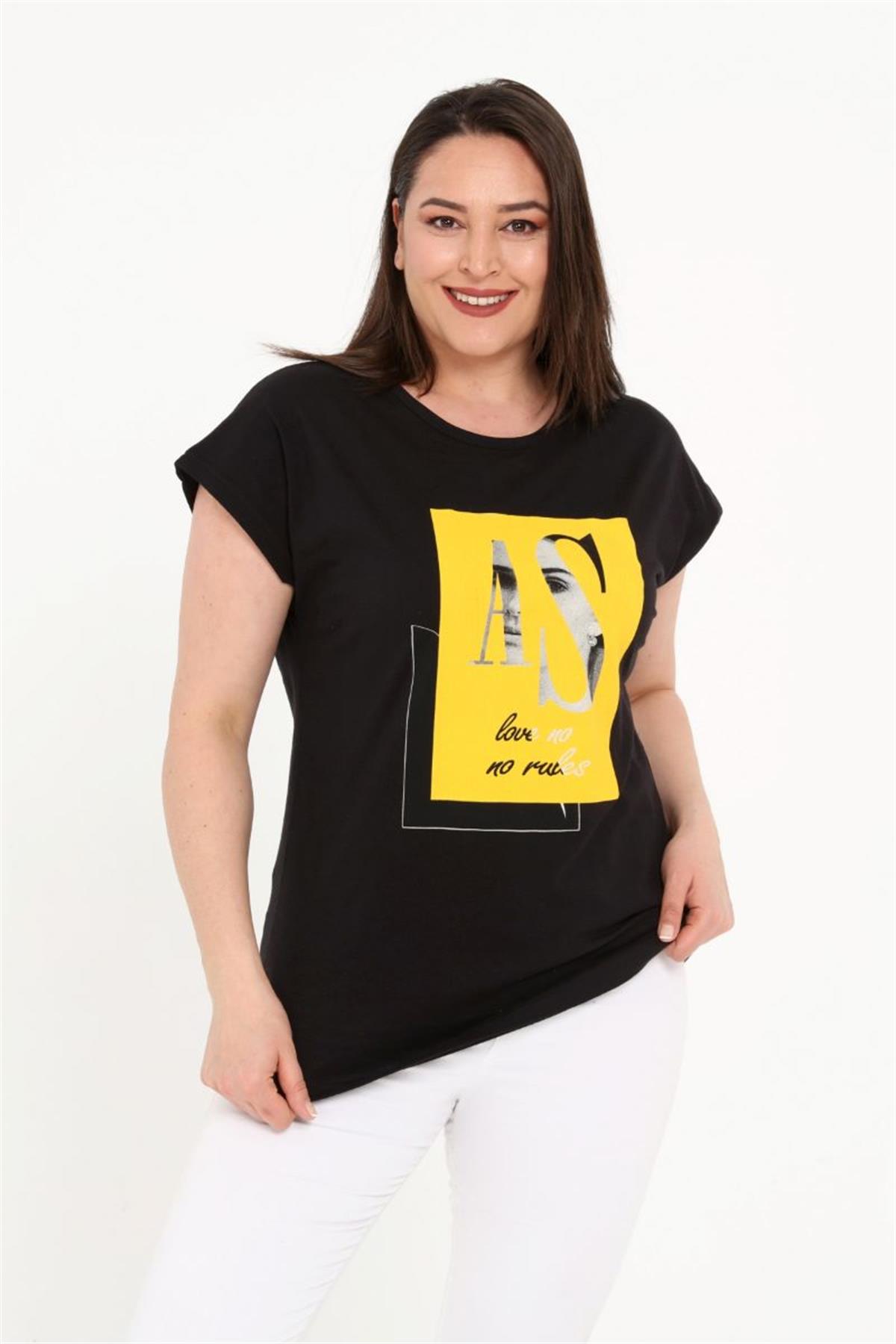Tshirt Büyük Beden Kız Baskılı Yarasa Kol T-Shirt Siyah