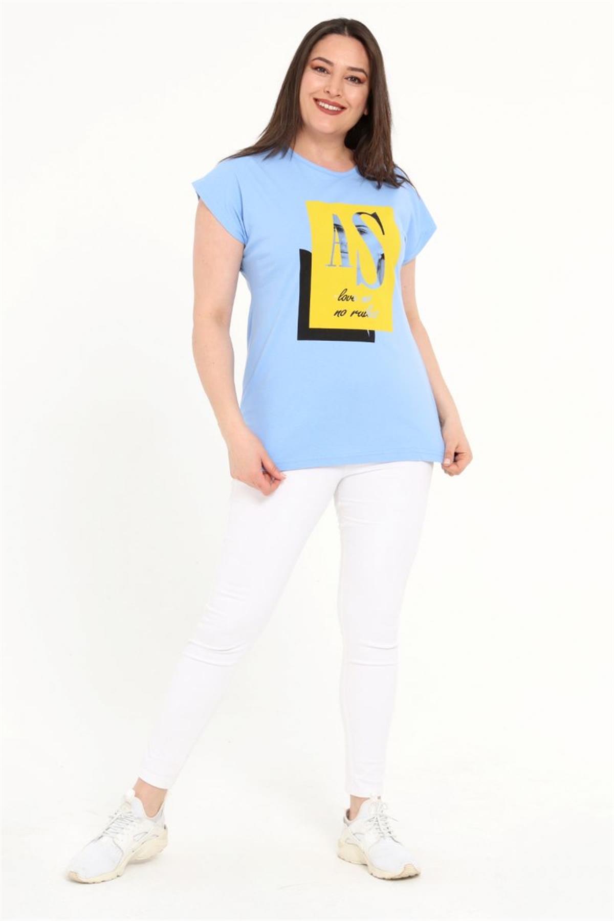 Tshirt Büyük Beden Kız Baskılı Yarasa Kol T-Shirt Mavi